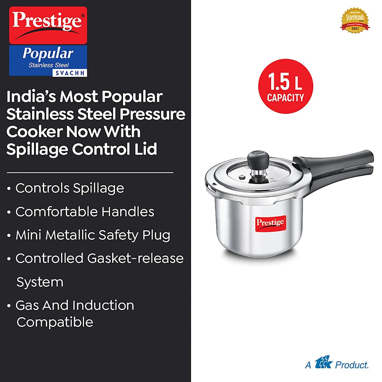 Prestige Popular Svachh Stainless Steel Outer Lid Pressure Cooker 1.5 L Cookware