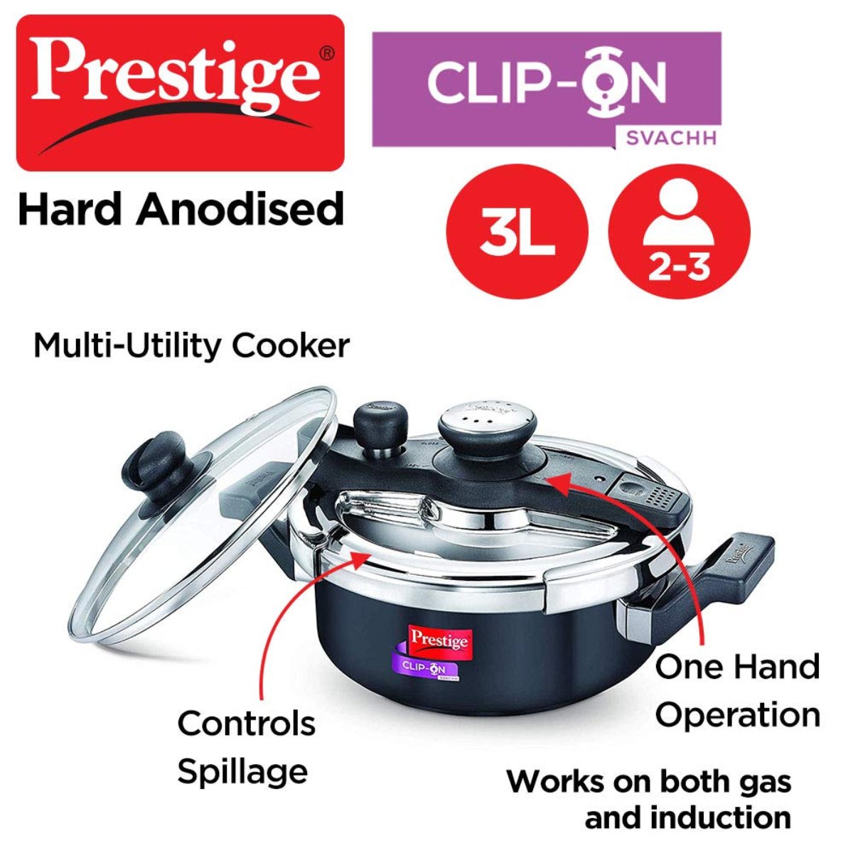 Prestige Savchh Clip-On Outer Lid Hard Anodised 3 Liter Pressure Cooker with Glass Lid - 20241