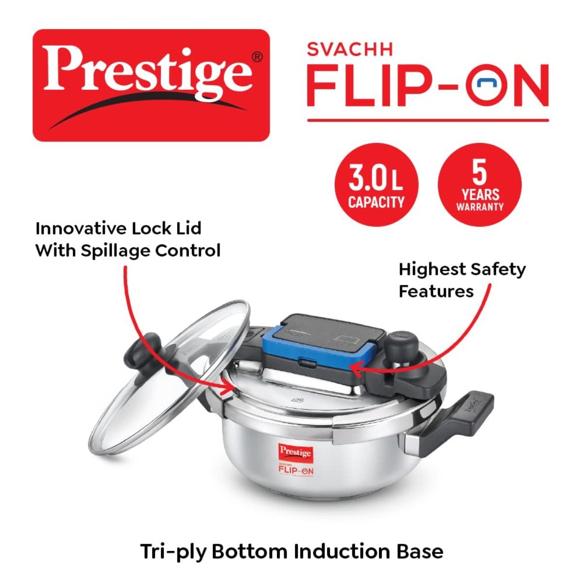 Prestige 3L Svachh FLIP-ON Stainless Steel Pressure Cooker with Glass Lid