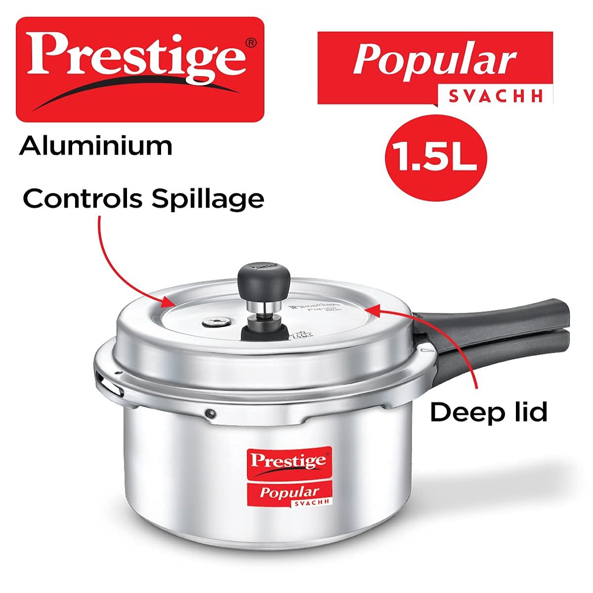 Prestige Popular Svachh Aluminium Outer Lid 1.5 Liter Pressure Cooker, Silver - 10162