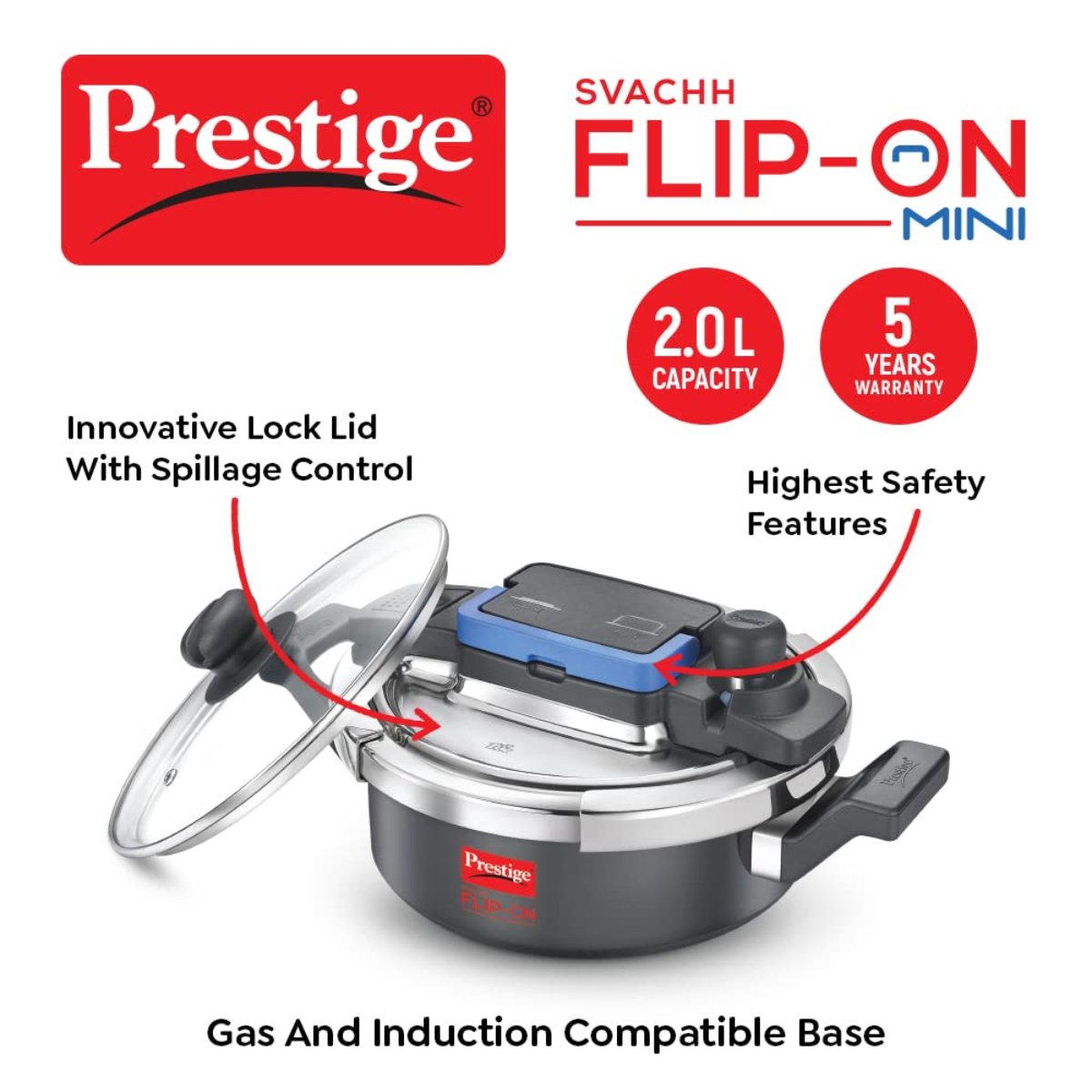 Prestige Svachh FLIP-ON Mini 2 Liter Hard Anodised Pressure Cooker with Glass Lid - 20167