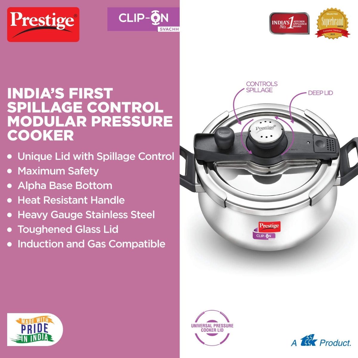 Prestige Svachh Clip-on 5 Ltr Stainless Steel Handi Pressure Cooker - 20233
