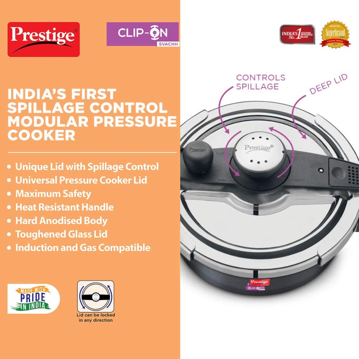 Prestige Svachh Clip-on Outer Lid Hard Anodised 3.5 Liter Pressure Kadhai Cooker with Glass Lid - 20234