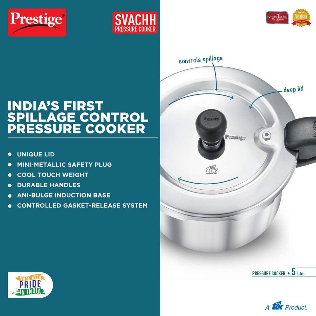 Prestige Svachh Aluminium Outer Lid 5 Liter Pressure Cooker - 10726