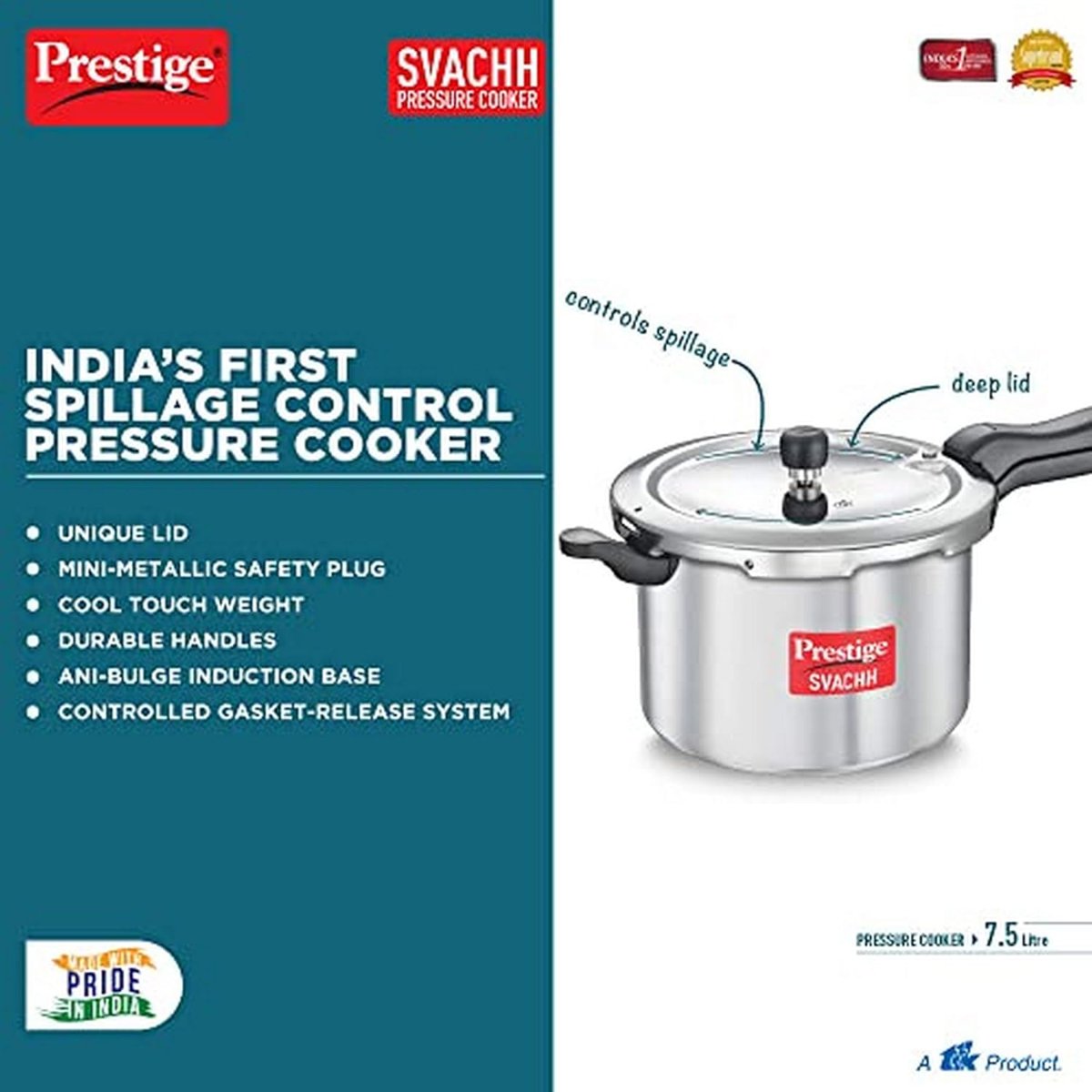 Prestige Svachh Aluminium Outer Lid 7.5 Liter Pressure Cooker - 10727
