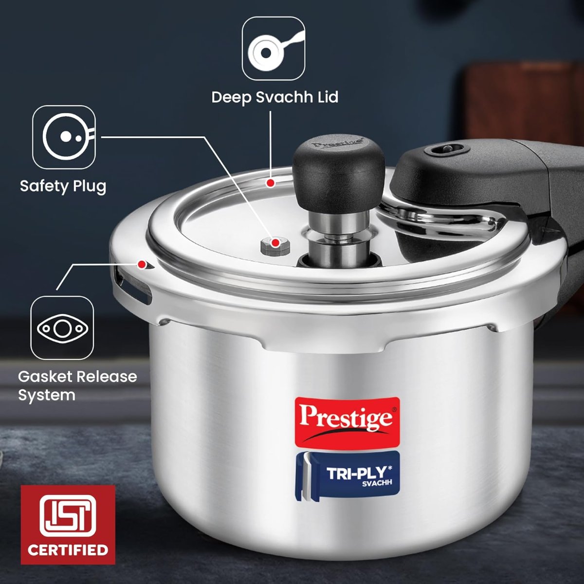 Prestige 1.5 Litre Svachh Triply, Spillage Control, Pressure Cooker - 20716