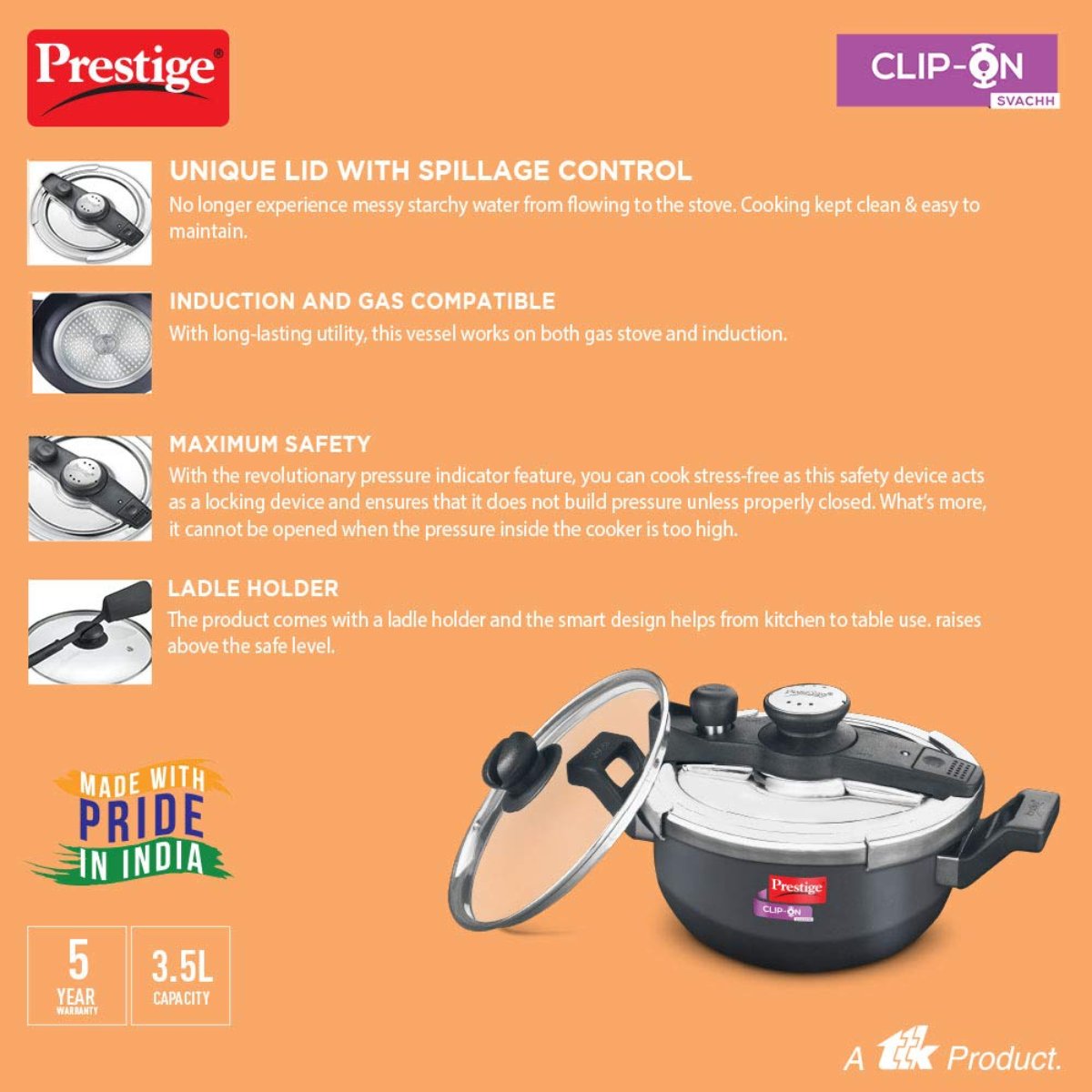 Prestige Svachh Clip-on Outer Lid Hard Anodised 3.5 Liter Pressure Kadhai Cooker with Glass Lid - 20234
