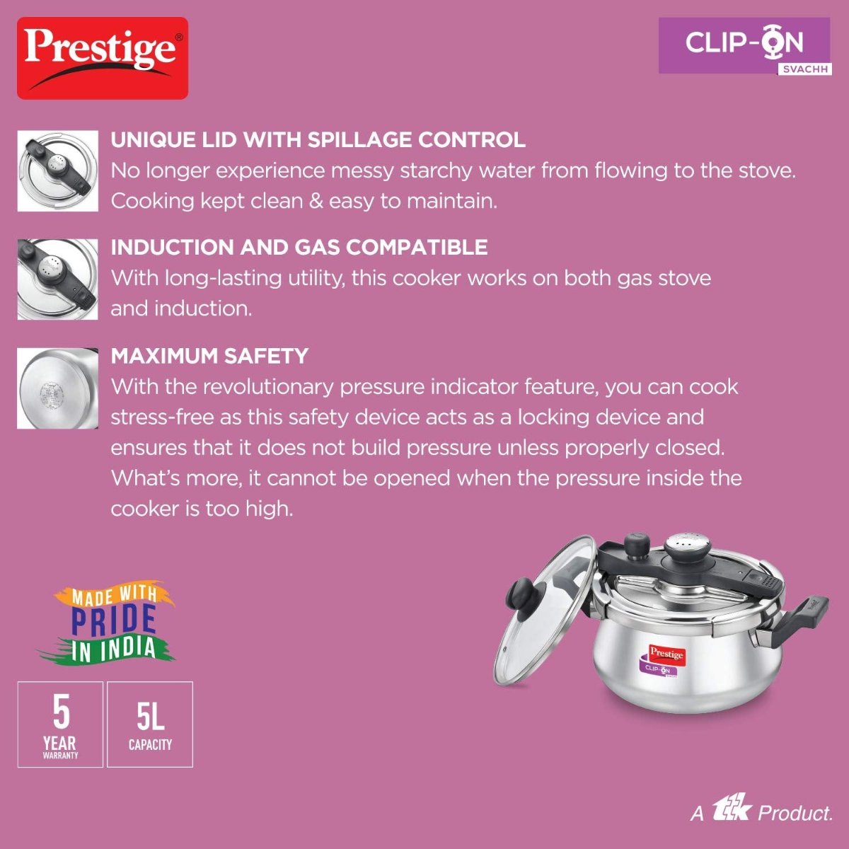 Prestige Svachh Clip-on 5 Ltr Stainless Steel Handi Pressure Cooker - 20233