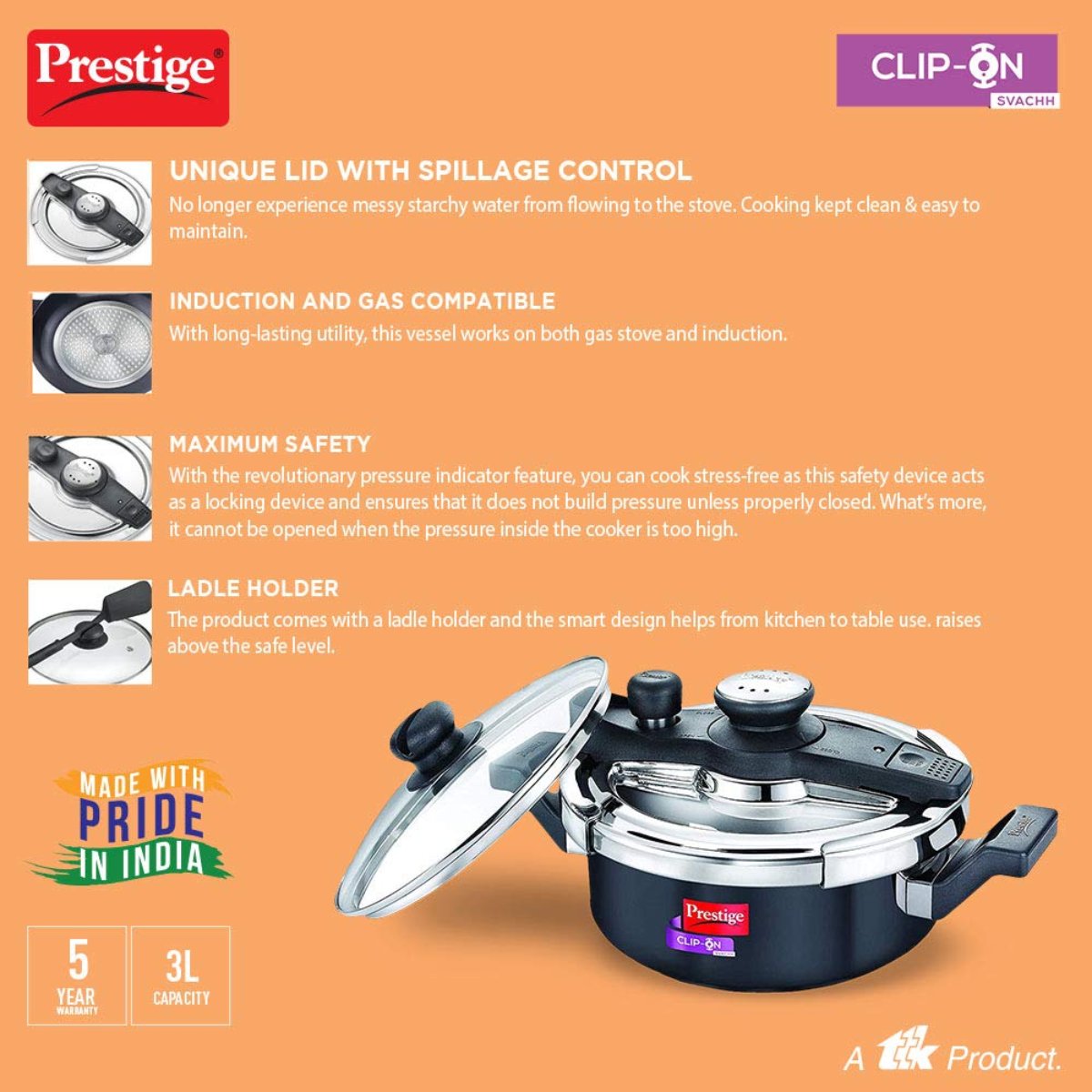 Prestige Savchh Clip-On Outer Lid Hard Anodised 3 Liter Pressure Cooker with Glass Lid - 20241