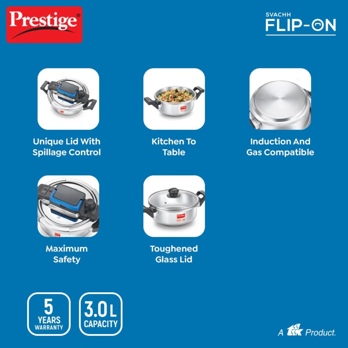 Prestige 3L Svachh FLIP-ON Stainless Steel Pressure Cooker with Glass Lid