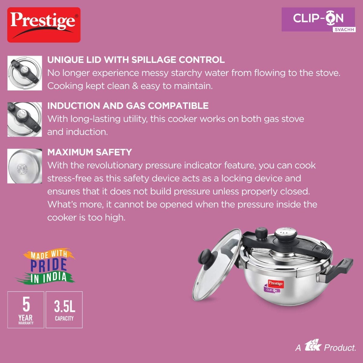 Prestige Svachh Clip-On 3.5 Ltr Stainless Steel Pressure Kadai - 20232