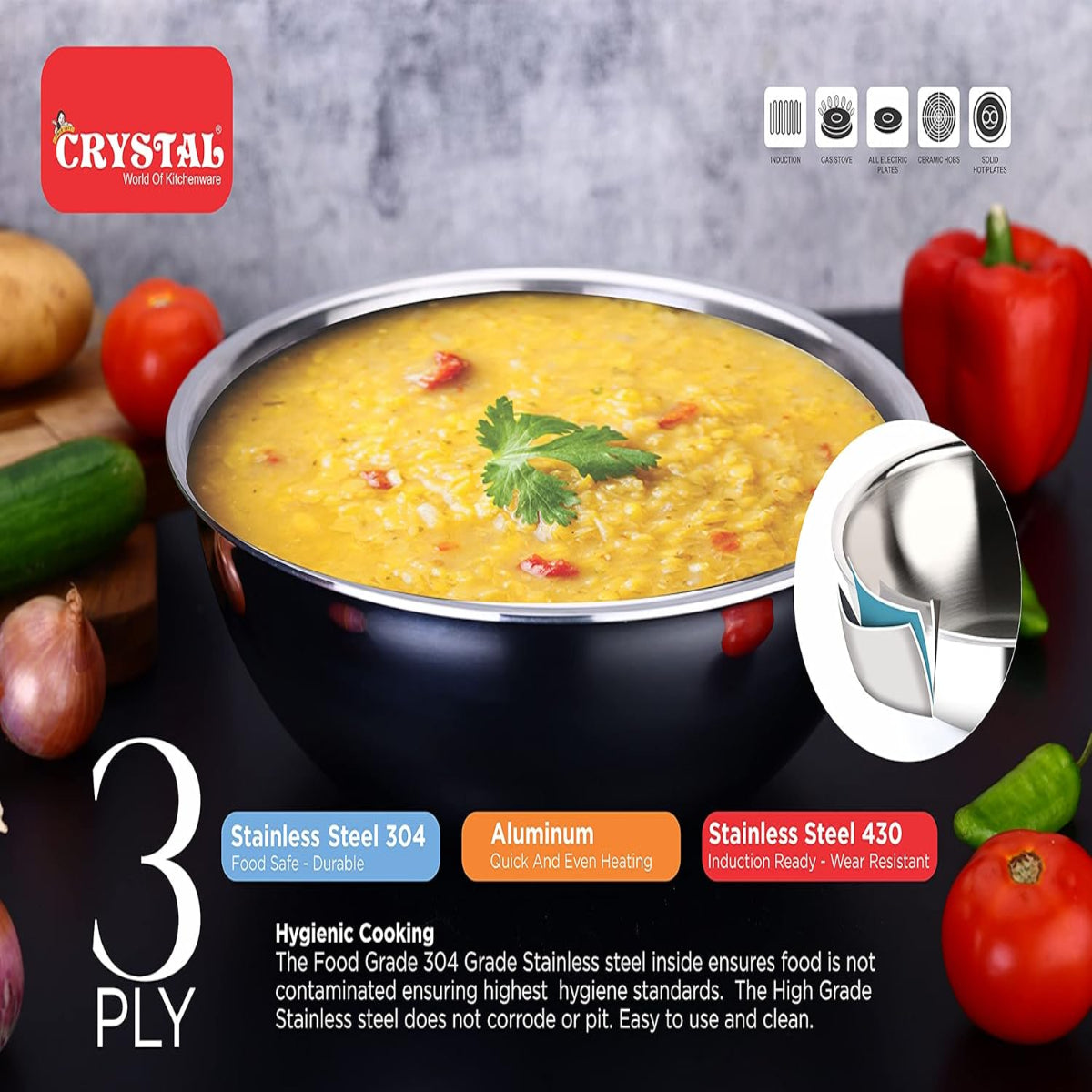 Crystal TriPro - Triply Stainless Steel 28 cm Tasla, Induction Bottom - CTP-TAS-006