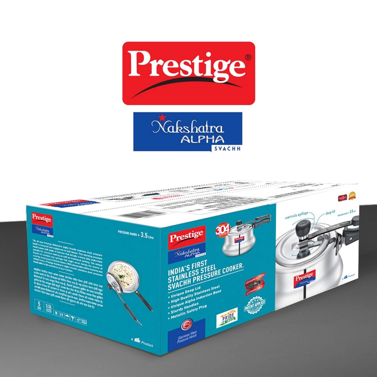 Prestige Svachh Nakshatra Alpha Stainless Steel 3.5 Liter Handi Pressure Cooker, Silver - 20257
