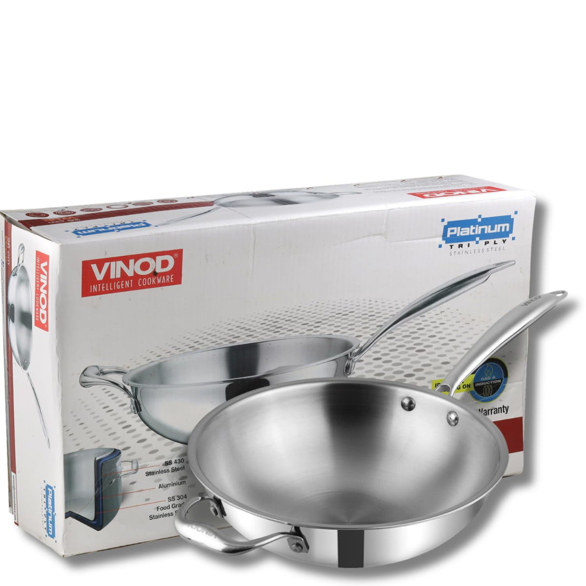 Vinod Platinum Triply Stainless Steel Wok - 3 Litre, 26 cm | Induction Base, Silver - PTWK26