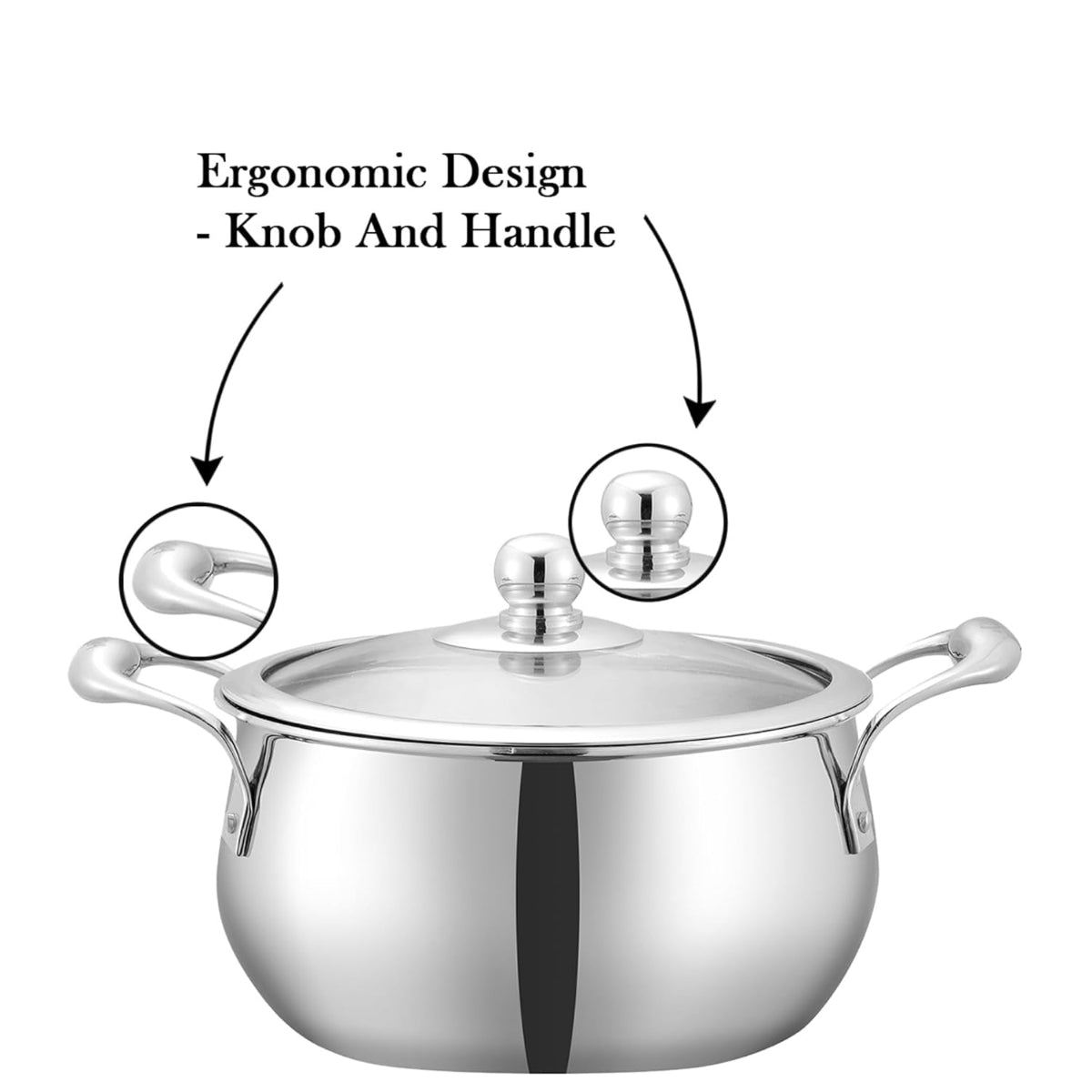 Vinod Platinum Triply Stainless Steel Medium Belly Saucepot With Glass Lid 2 Liter | Induction Base, Silver - PSOM16