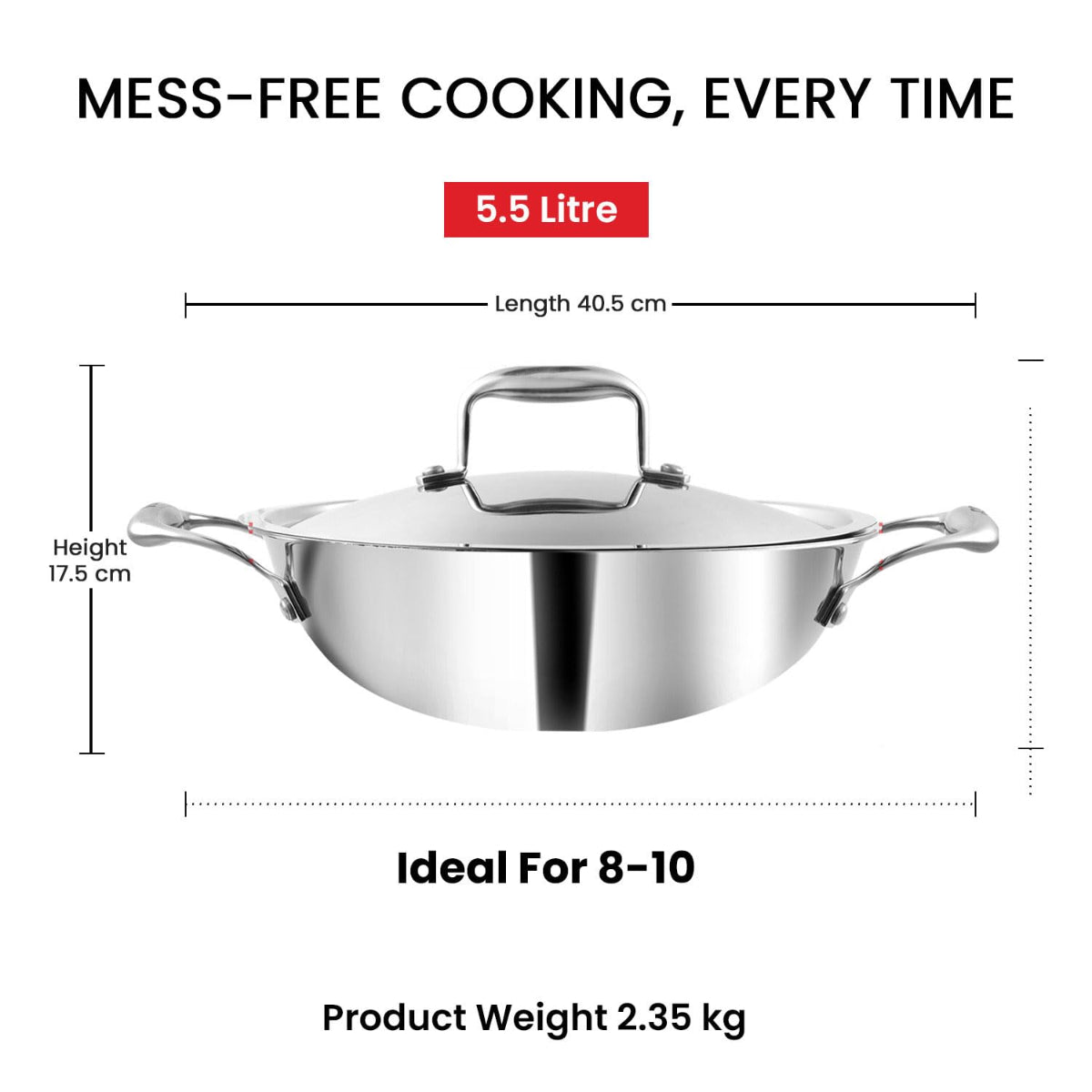 Vinod Platinum Triply Stainless Steel Extra Deep Kadhai With Stainless Steel Lid 5.5L (30 cm) Induction Base - EDPTKD30