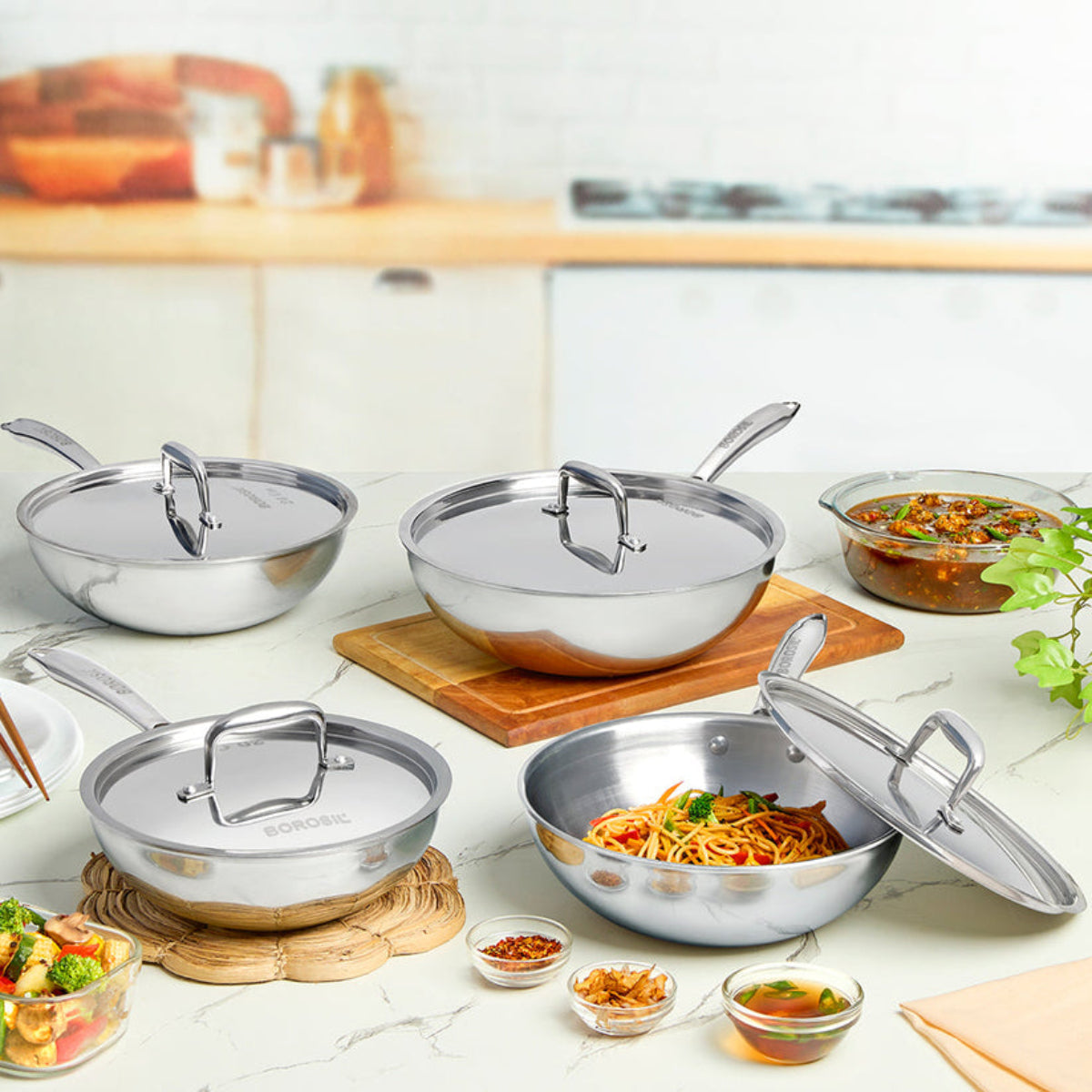 Borosil Cookfresh SS Tri-ply Wok with Lid 1.75 L | 2.25 L | 2.85 L | 3.5 L