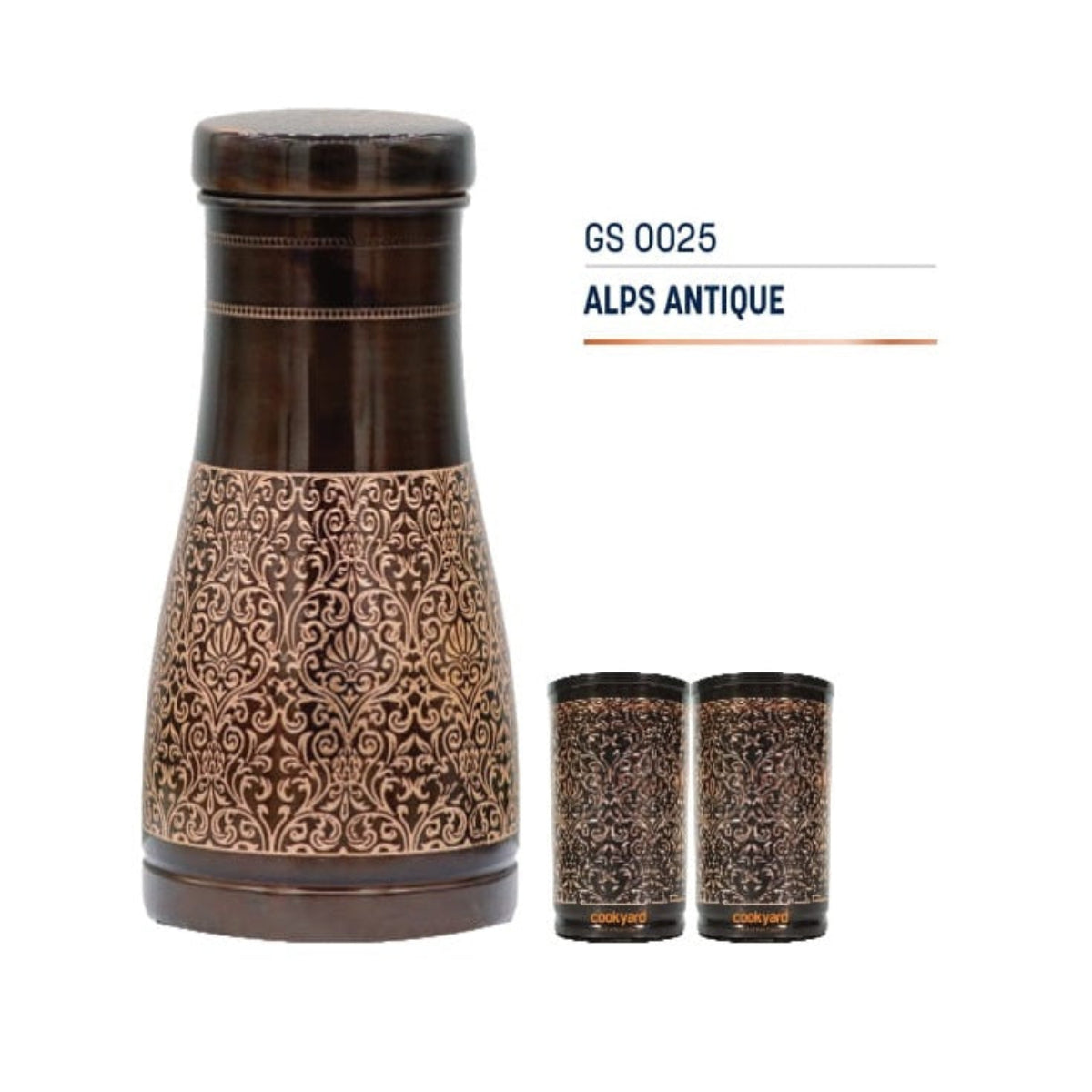 CookYard ALPS Antique Pure Copper Water Bottle & 2 Set of Glasses