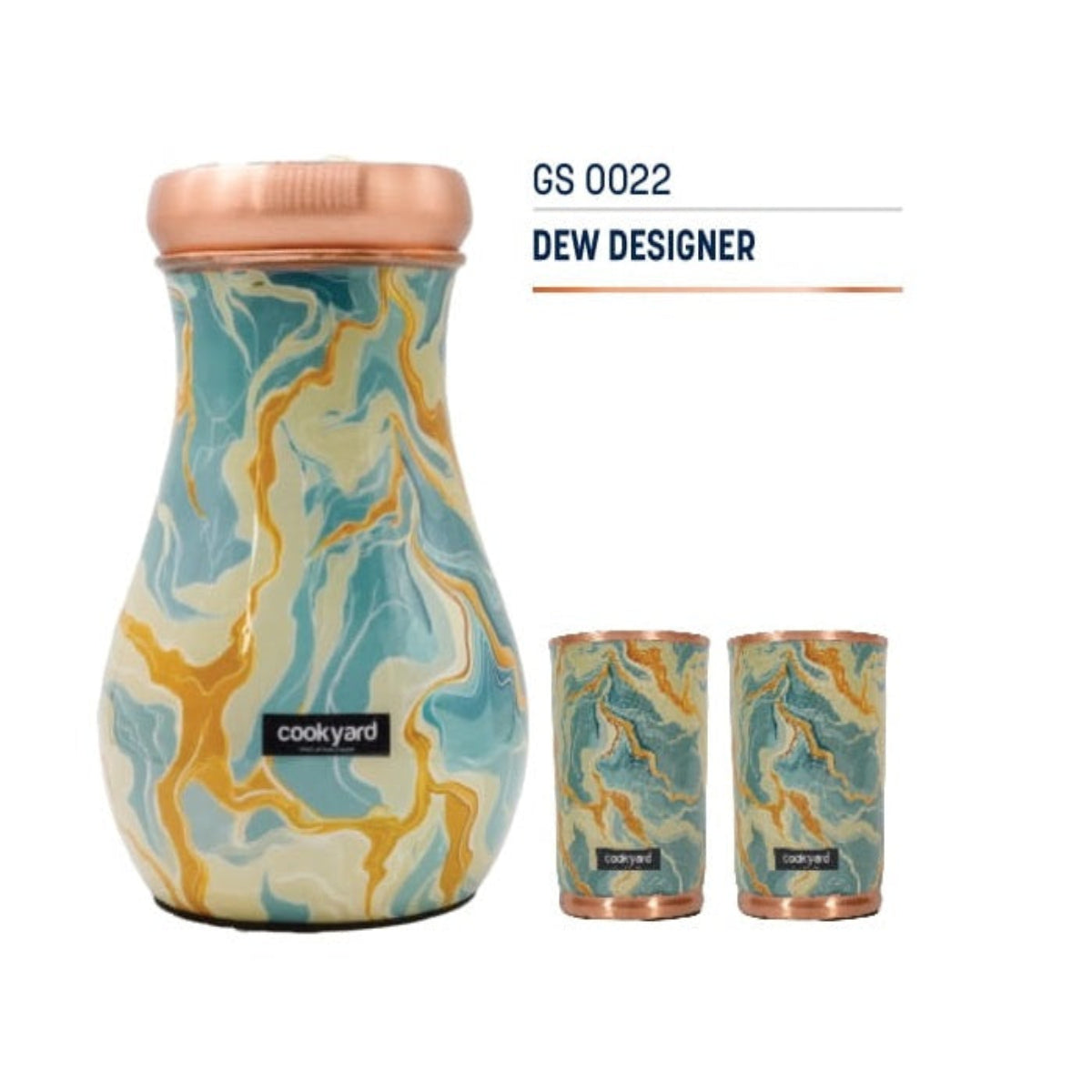 Cookyard Dew Designer Pure Copper Water Bottle & 2 Set of Glass
