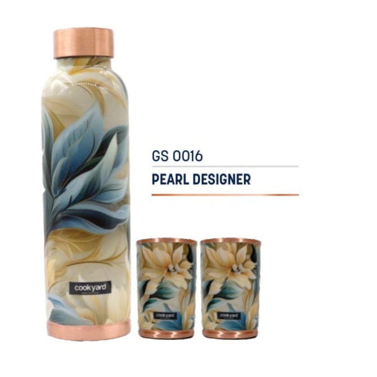 Cookyard Pearl Designer Pure Copper Water Bottle & 2 Glass Set
