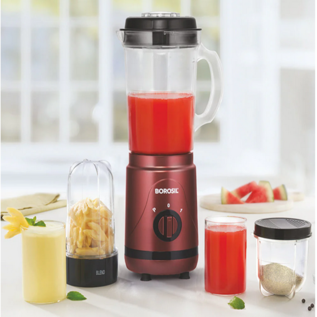 Borosil Nutrifresh 400W Blender Grinder & Smoothie Maker with 3 Jars & Copper Motor, Maroon - BNB05