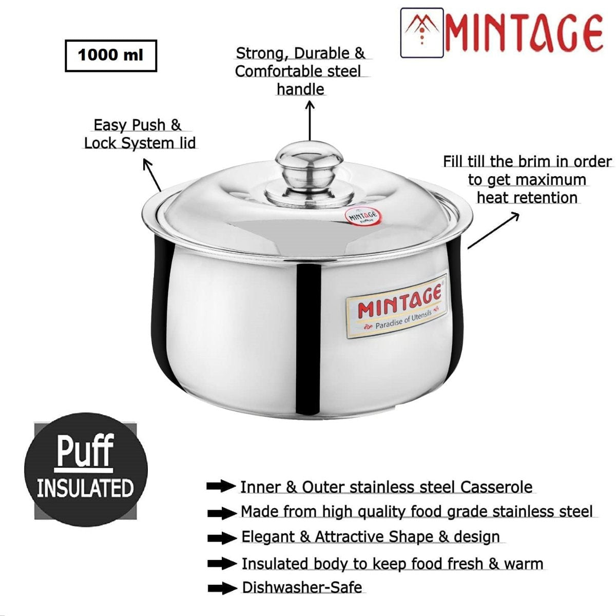 Mintage Hotcase Casserole Harmony Belly With Stainless Steel Lid 1000 ml, HCH-10