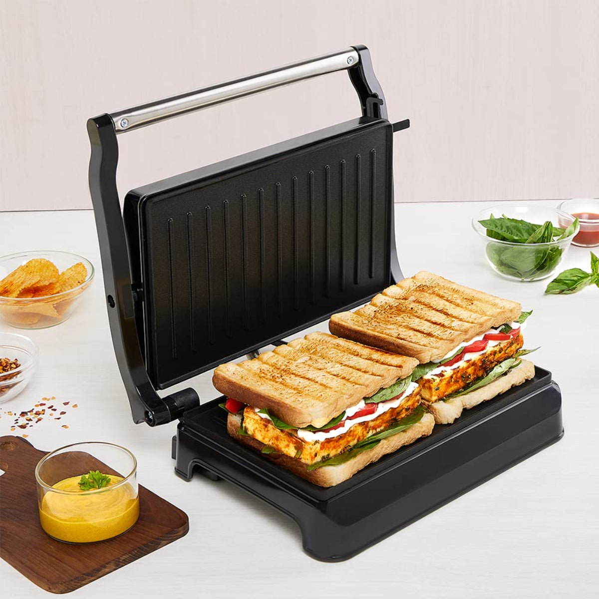 Borosil 700 Watts Meta Prime Grill Sandwich Maker | Opens 90° , 2 Sandwiches - BGRILLSS13