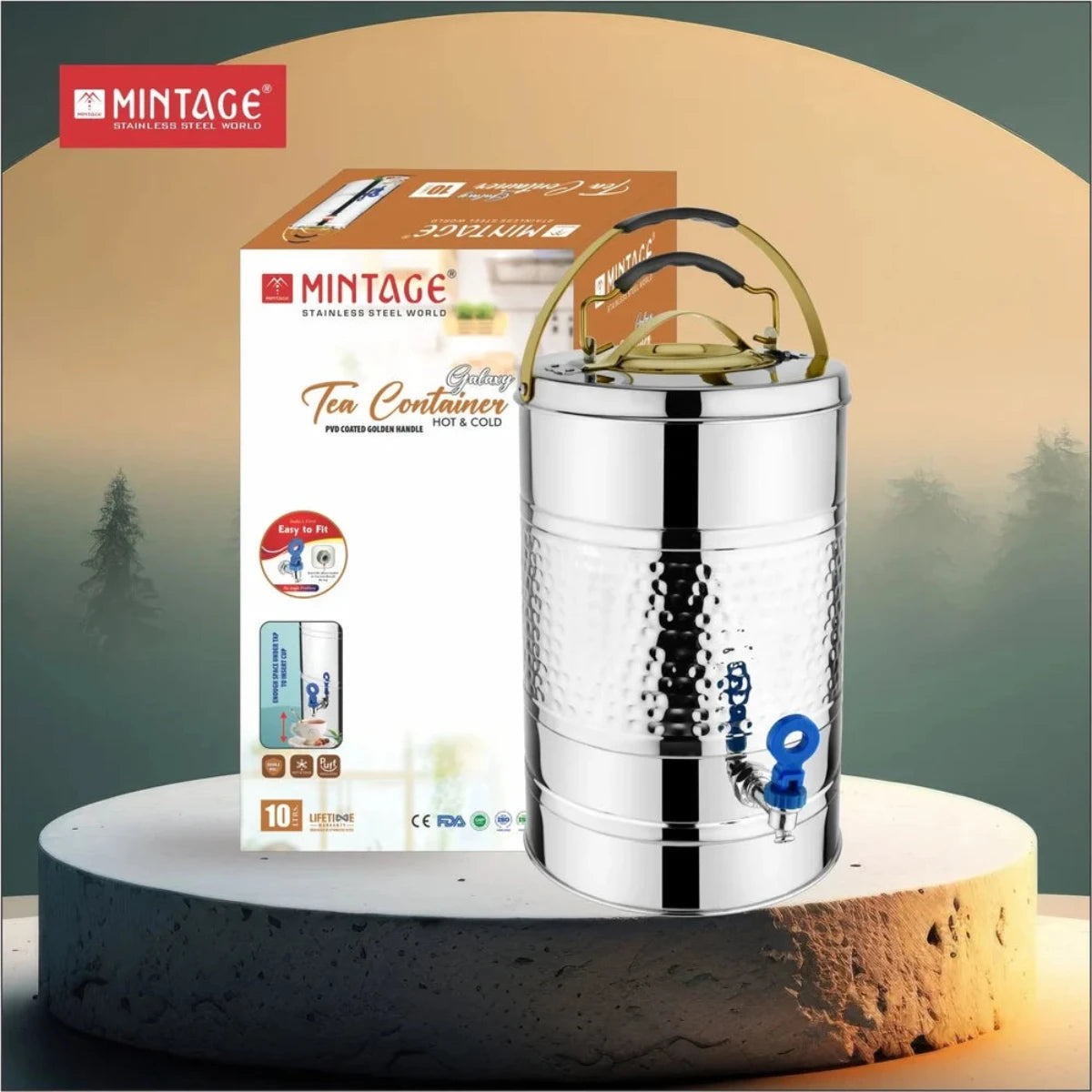 Mintage Stainless Steel 10L Tea Container Galaxy Hammered with Lid - TCGH-10