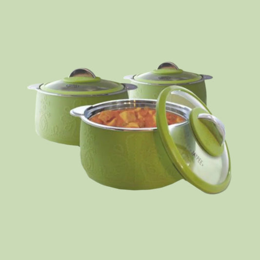 Jaypee Fabrene Mega Set of 3 Insulated Inner Stainless Steel Casseroles with Glass Lid Lockable | 1500+2000+3000 ml - BPA Free