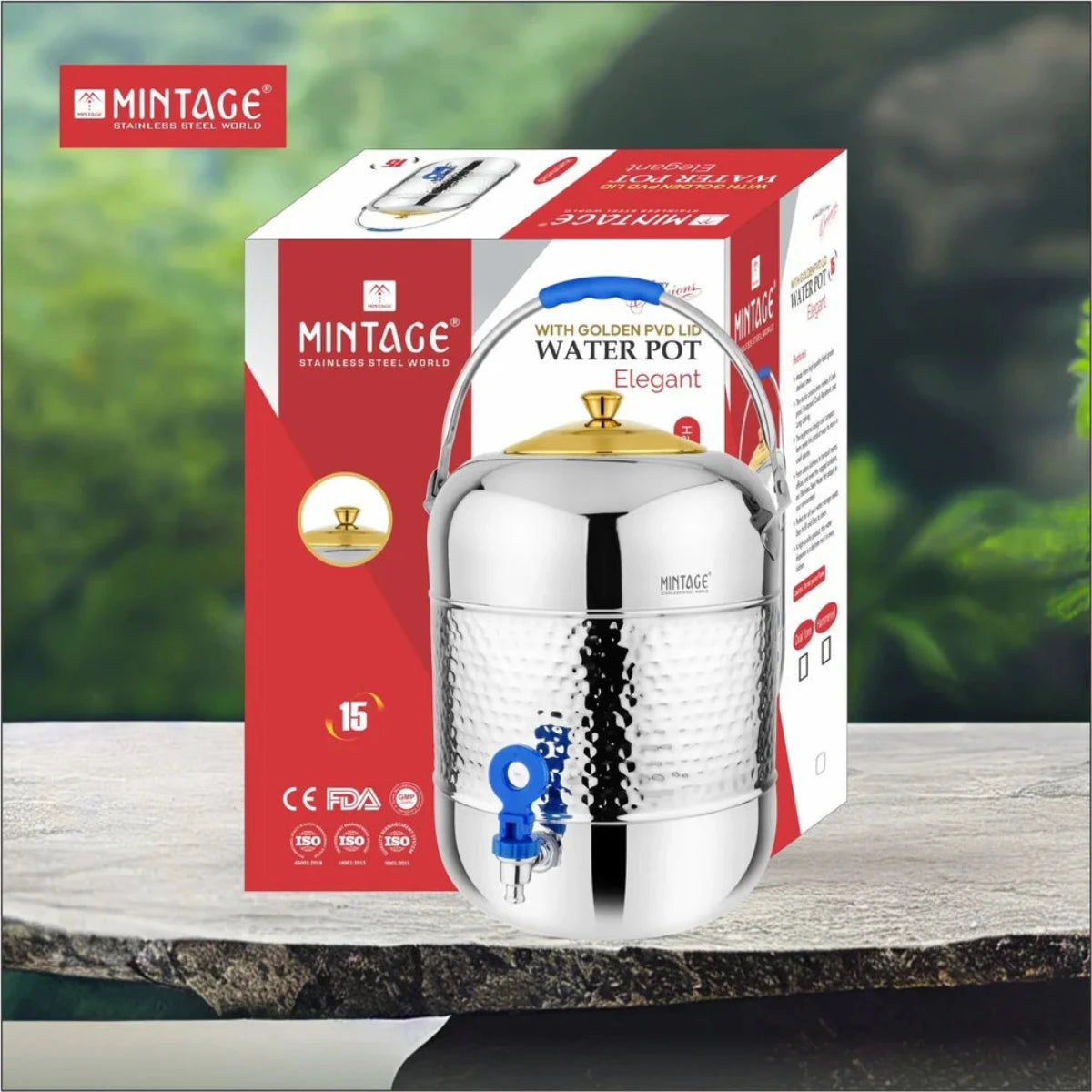 Mintage Stainless Steel 5L Water Pot Elegant Hammered With Golden PVD Lid WPEH05