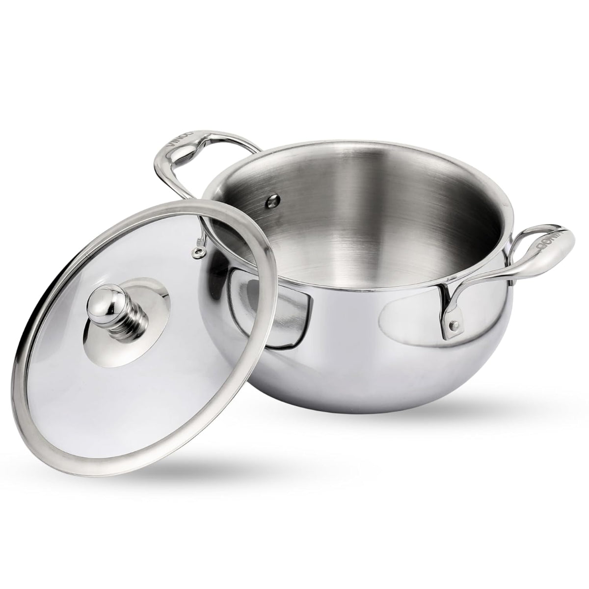 Vinod Platinum Triply Stainless Steel Medium Belly Saucepot With Glass Lid 2 Liter | Induction Base, Silver - PSOM16