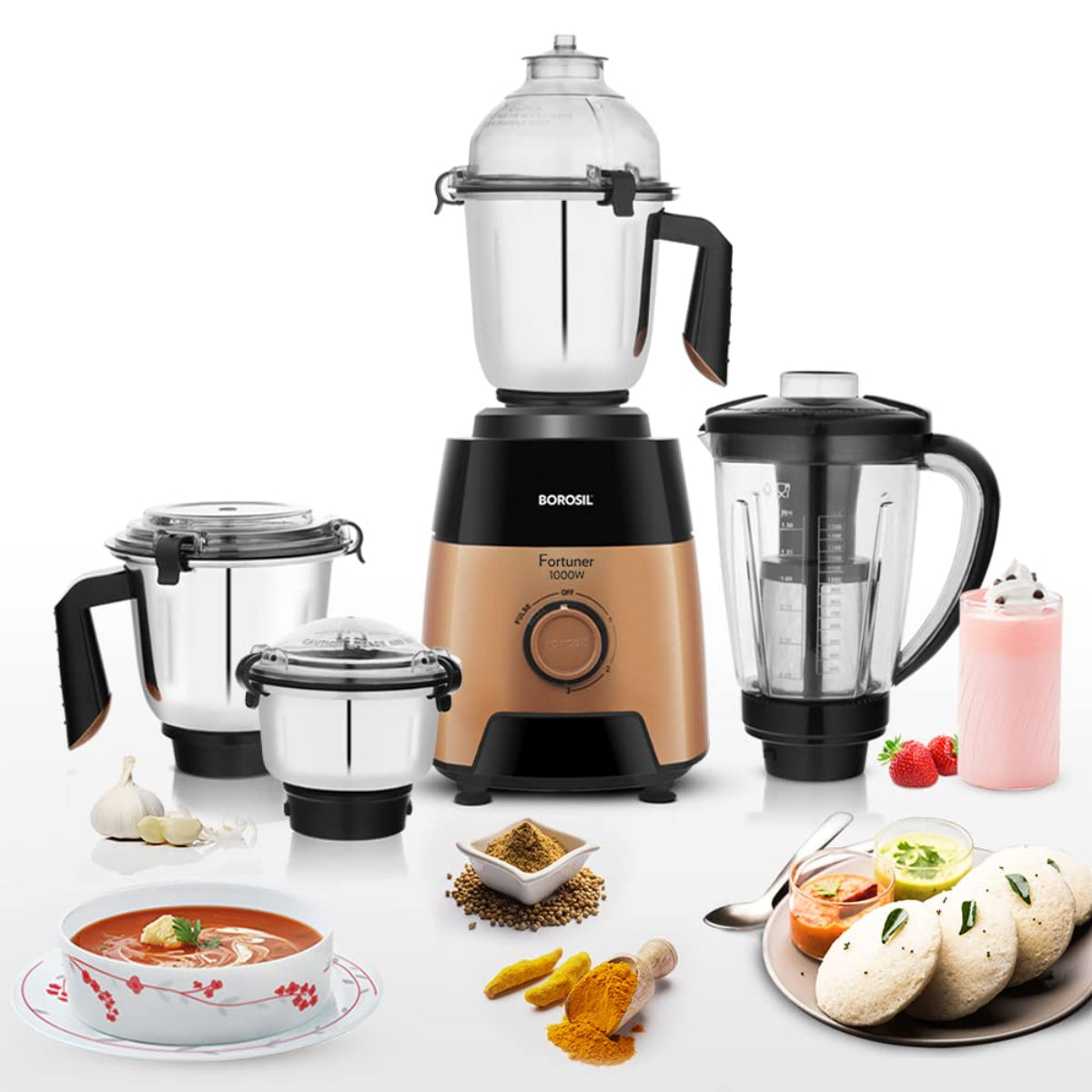 Borosil Fortuner 1000 Watts Mixer Grinder with 4 Jars & Copper Motor - HAMG1000W01