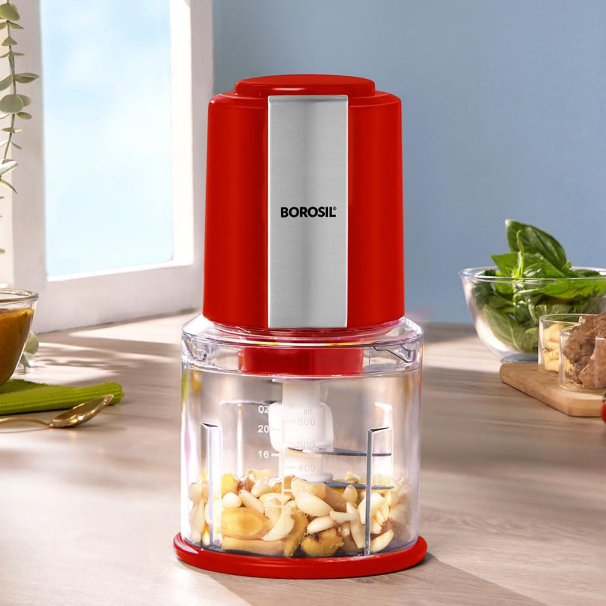 Borosil Chef Delite 300 Watts Electric Chopper with 2 Blade Sets, Red - BCH20DBB22