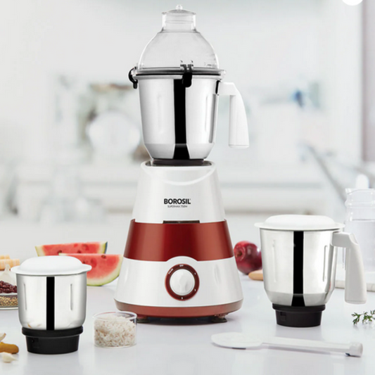 Borosil Supermax Mixer Grinder 750 Watts with 3 Stainless Steel Jars, Red - HAMG750W28
