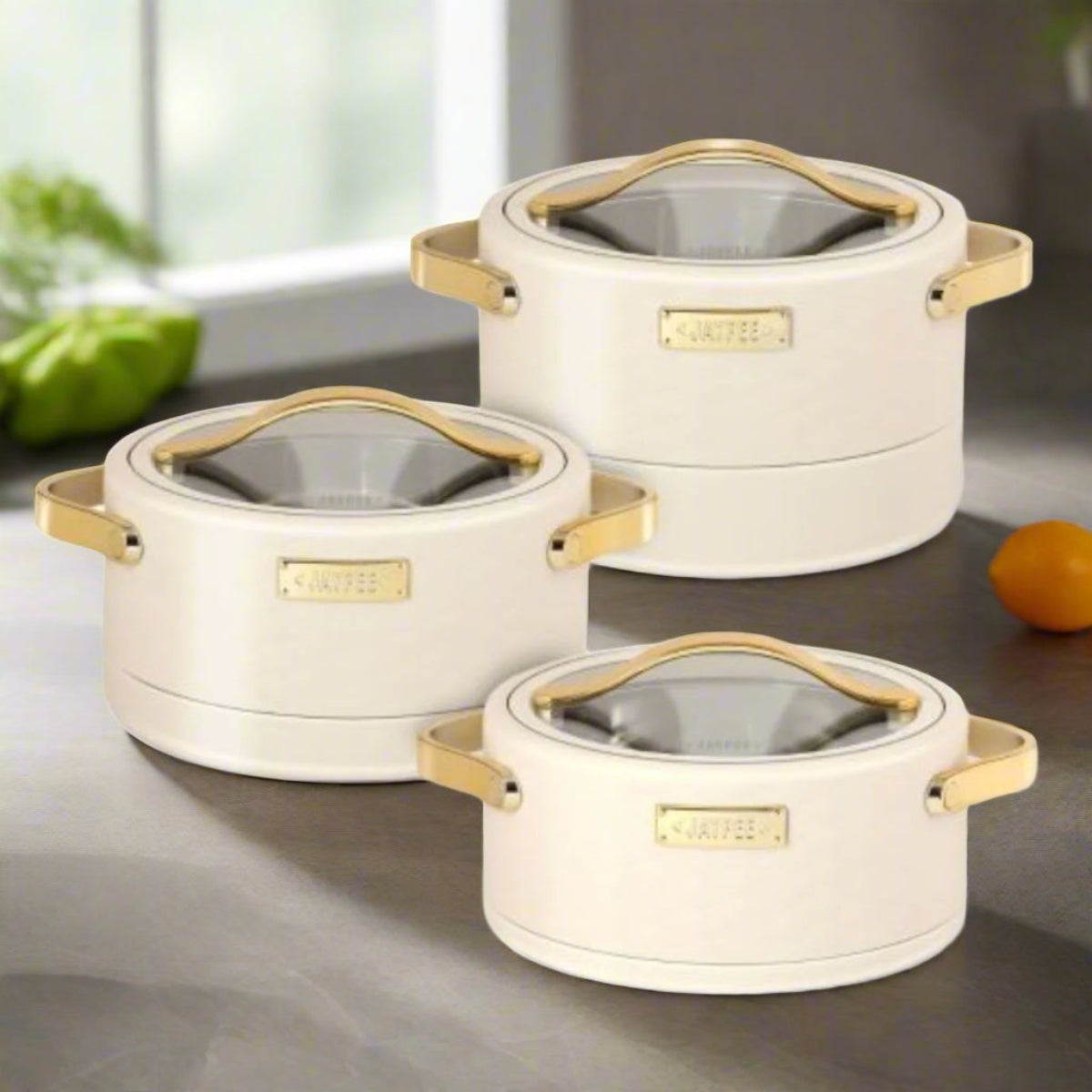 Jaypee Luxura Klass Set of 3 Insulated Inner Stainless Steel Casserole with Glass Lid Lockable | 1500+2000+2500 ml - BPA Free