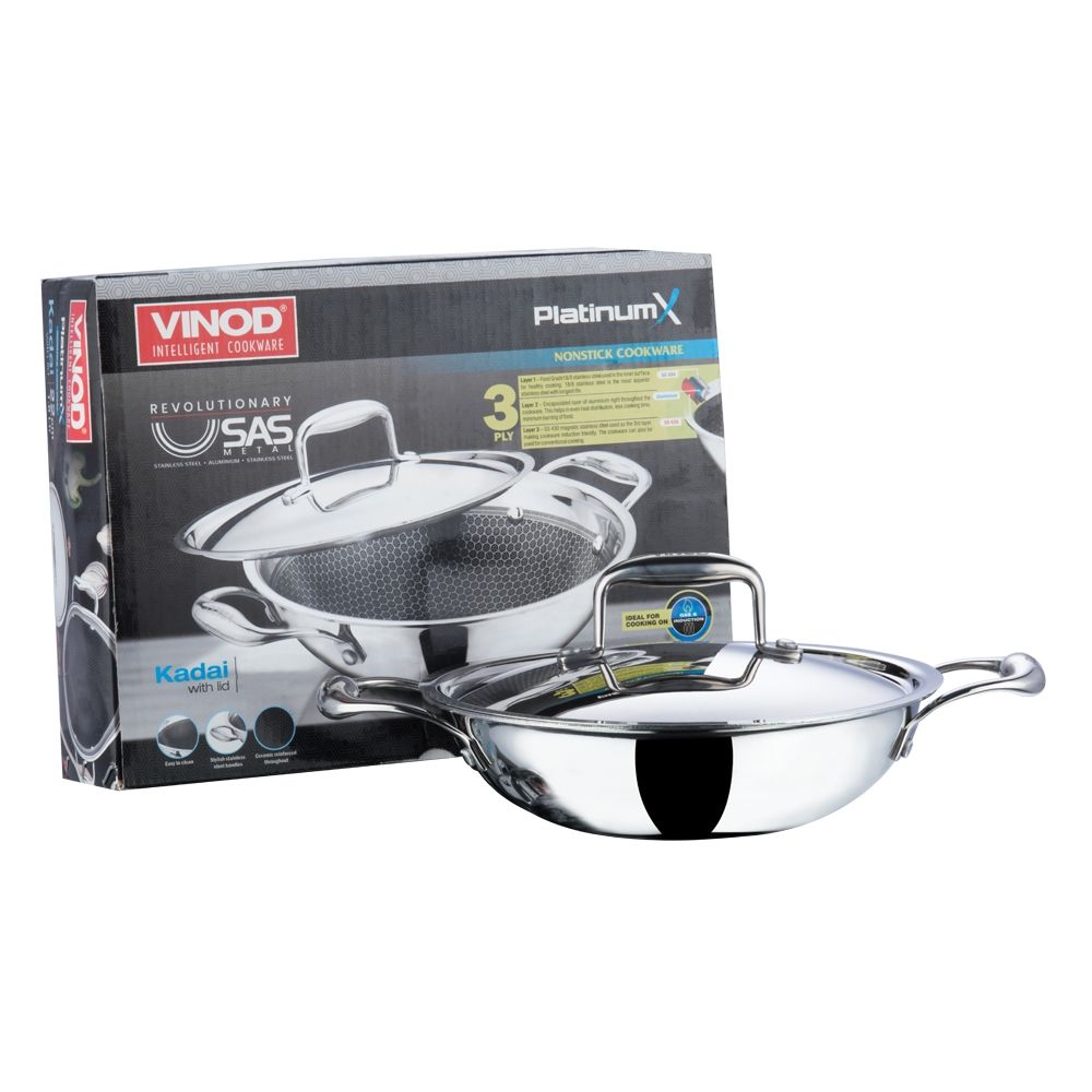 Vinod Platinum X Stainless steel Nonstick Wok Kadai 26 cm 3.2 Liter PXKD26