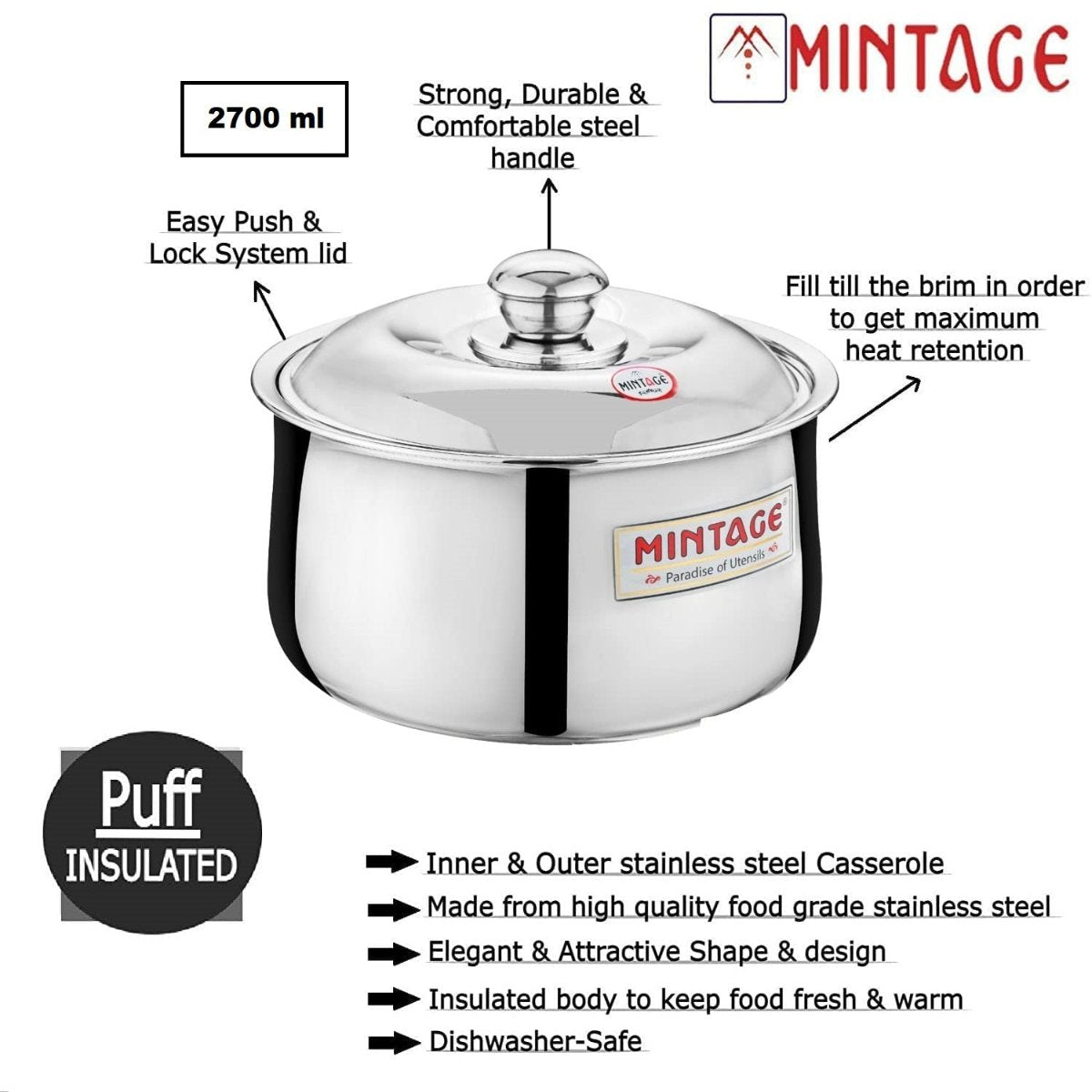 Mintage Hotcase Casserole Harmony Belly With Stainless Steel Lid 2700 ml, HCH-27