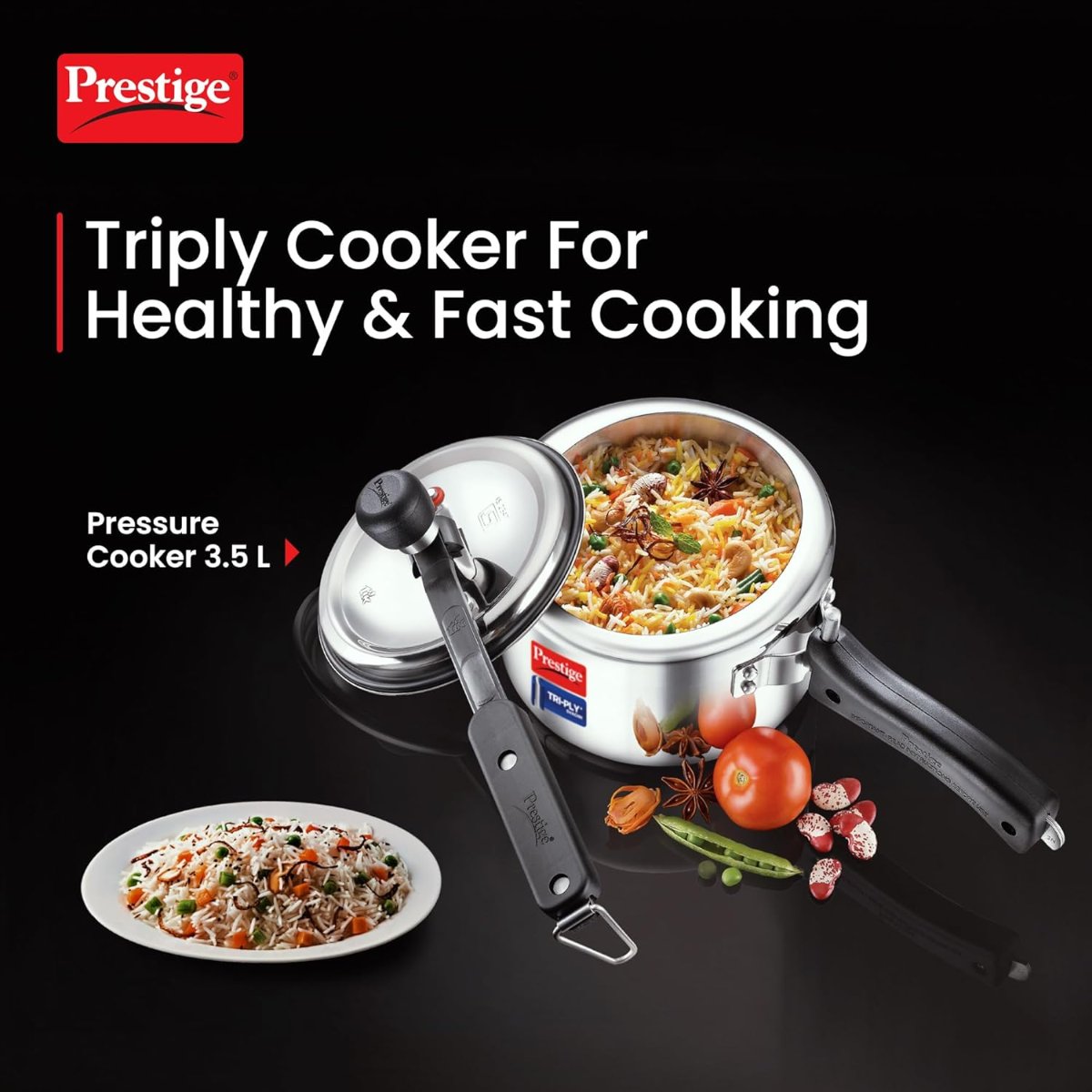 Prestige Triply Svachh Inner Lid, 3.5 Liter Pressure Cooker, Silver - 20720