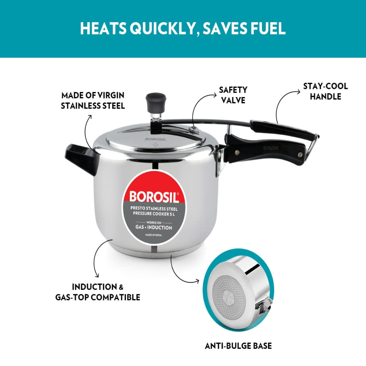 Borosil Presto Stainless Steel Inner Lid 5L Pressure Cooker, Induction - CFPC5LSS02S