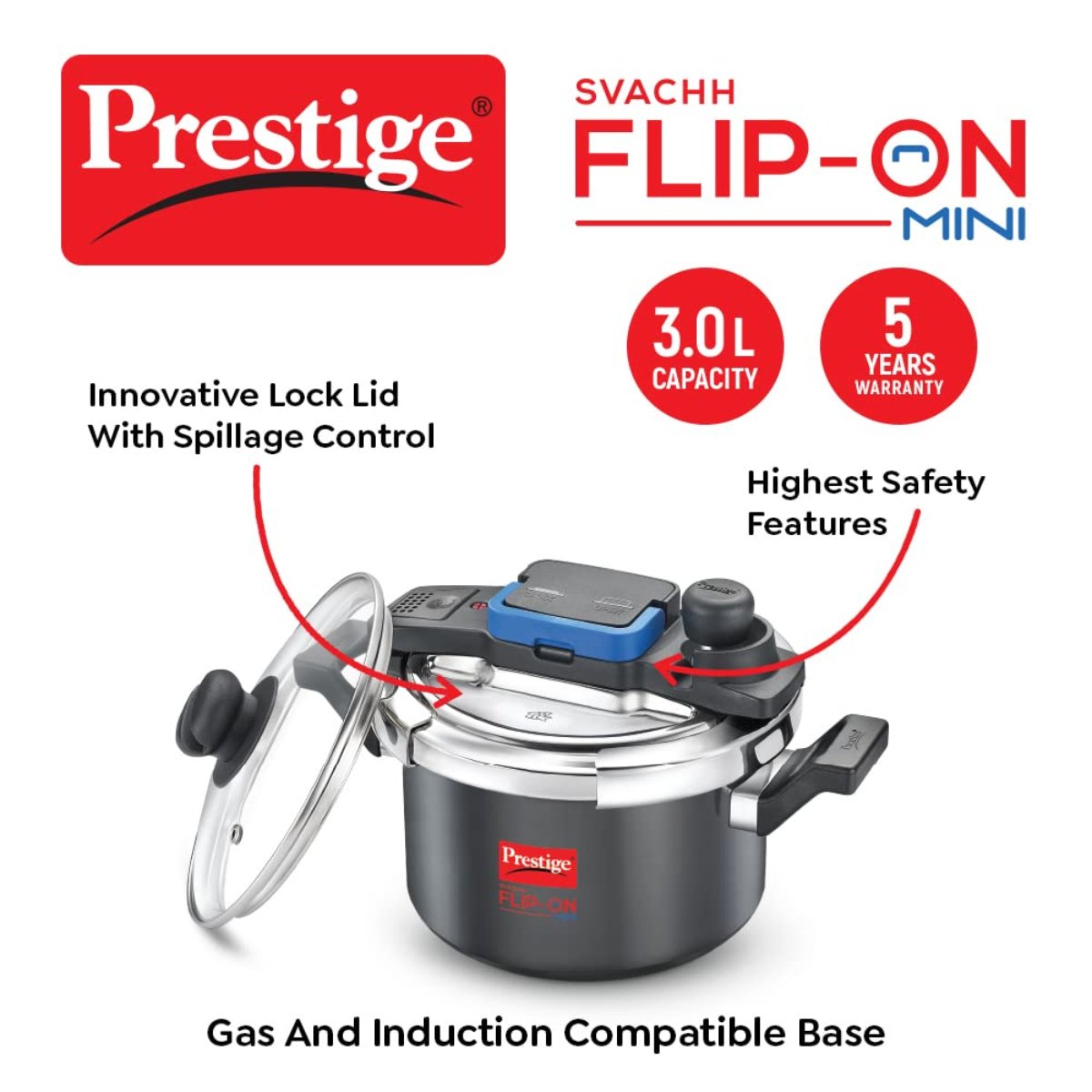 Prestige Svachh FLIP-ON Mini 3 Liter Hard Anodised Pressure Cooker with Glass Lid - 20168