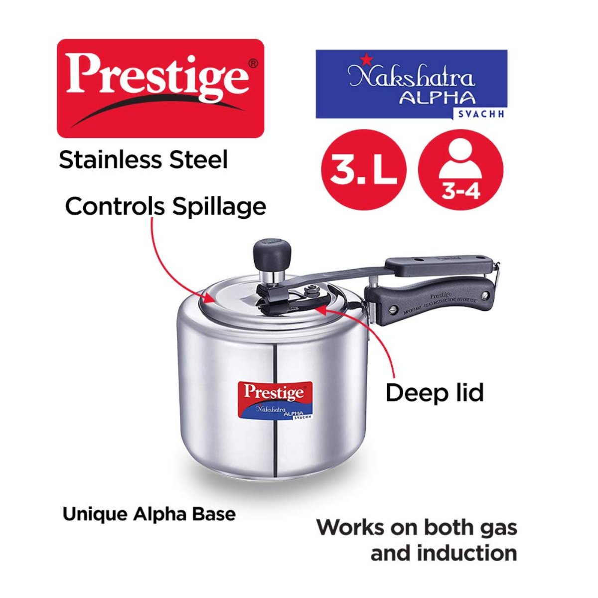 Prestige Svachh Nakshatra Alpha Stainless Steel 3 Liter Pressure Cooker, Silver - 20245