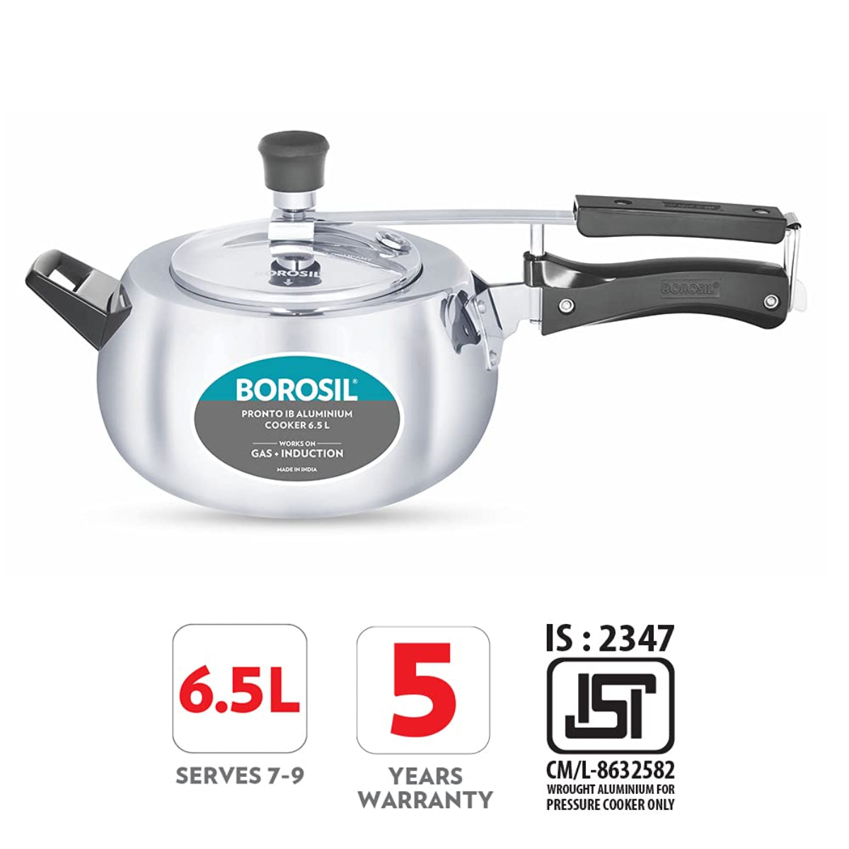 Borosil Pronto Aluminum 6.5 Liter Inner Lid Pressure Cooker, Induction Base - CFPC7LAL08