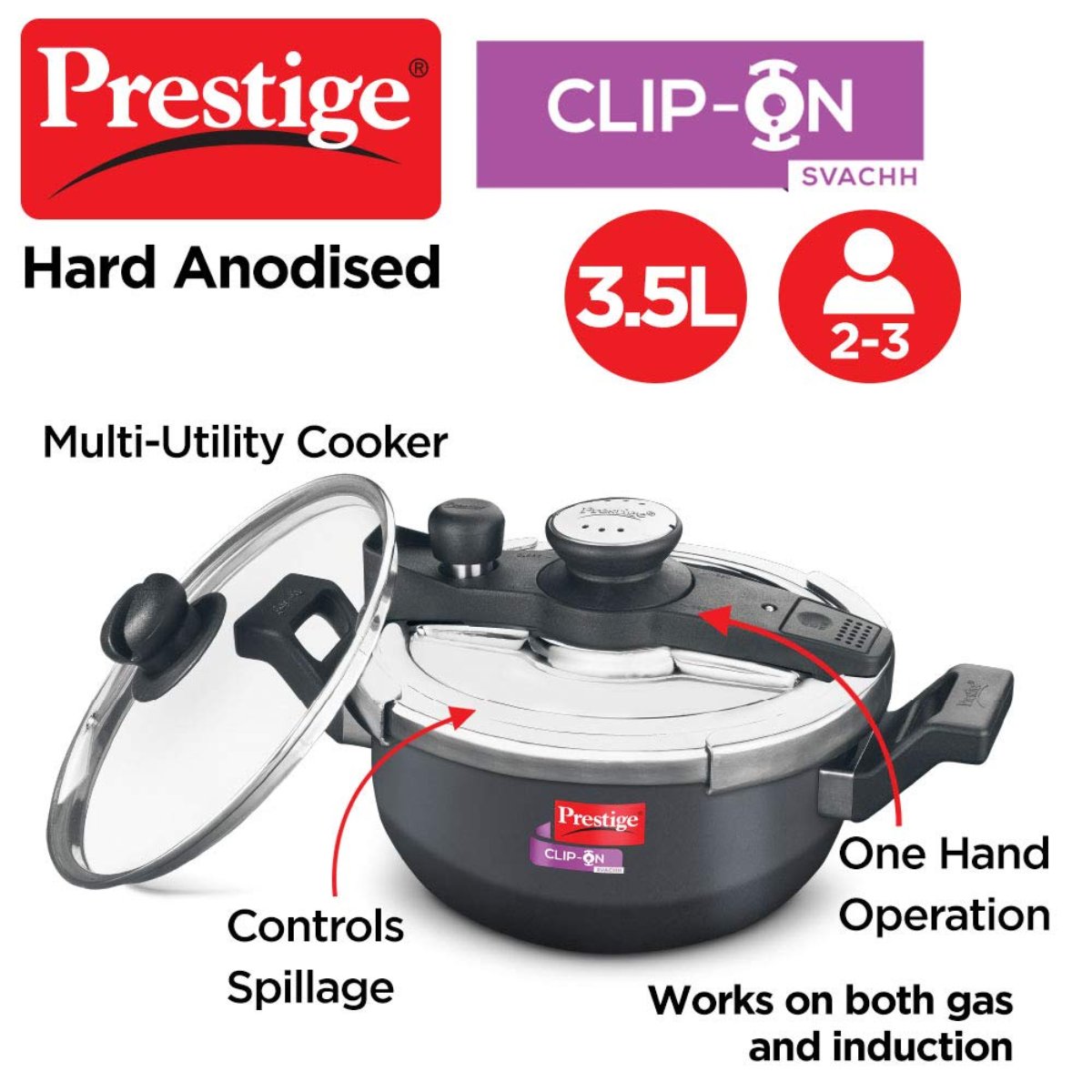 Prestige Svachh Clip-on Outer Lid Hard Anodised 3.5 Liter Pressure Kadhai Cooker with Glass Lid - 20234