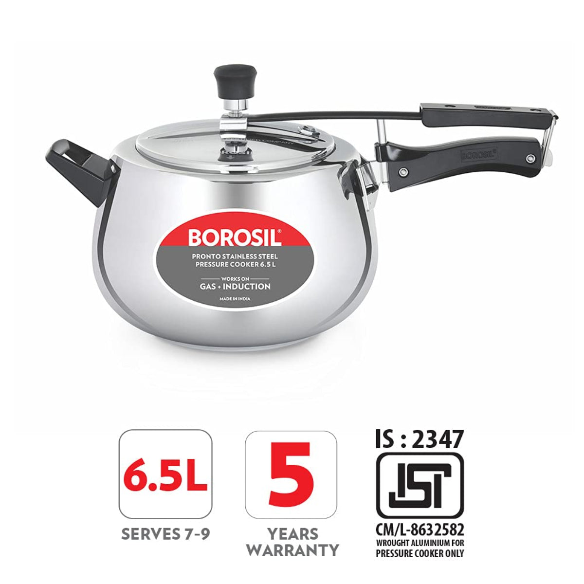Borosil Pronto Stainless Steel 6.5 Liter Pressure Cooker, Induction - CFPC7LSS07