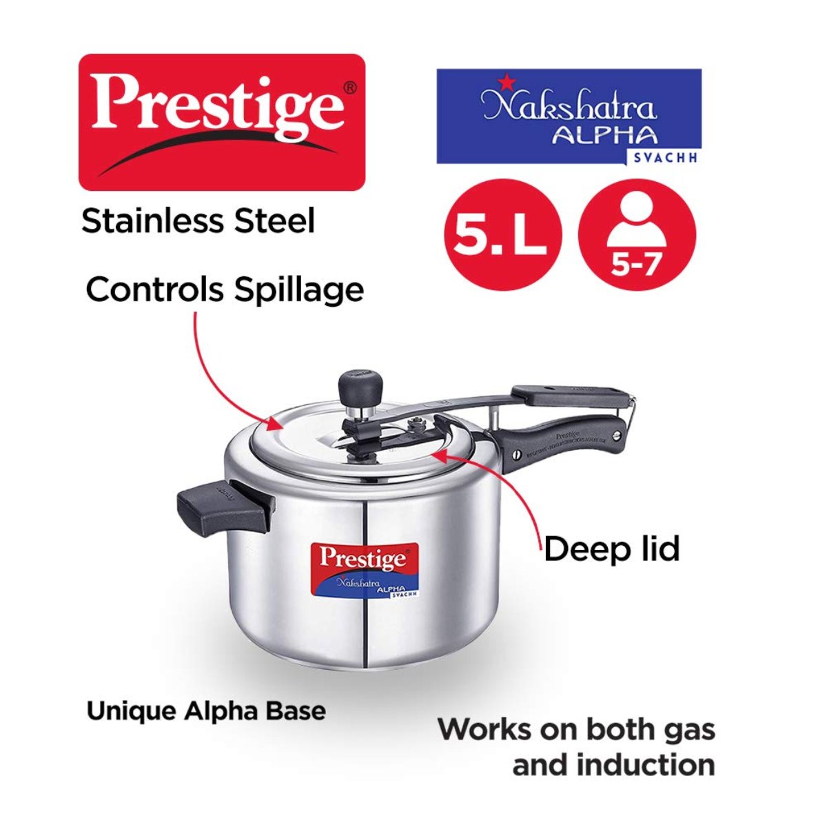Prestige Svachh Nakshatra Alpha Stainless Steel 5 Liter Pressure Cooker, Silver - 20246