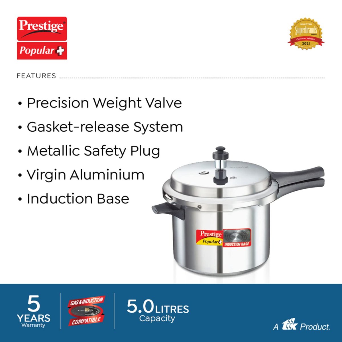 Prestige Popular Plus Virgin Aluminium 5 Liter Pressure Cooker - 10203