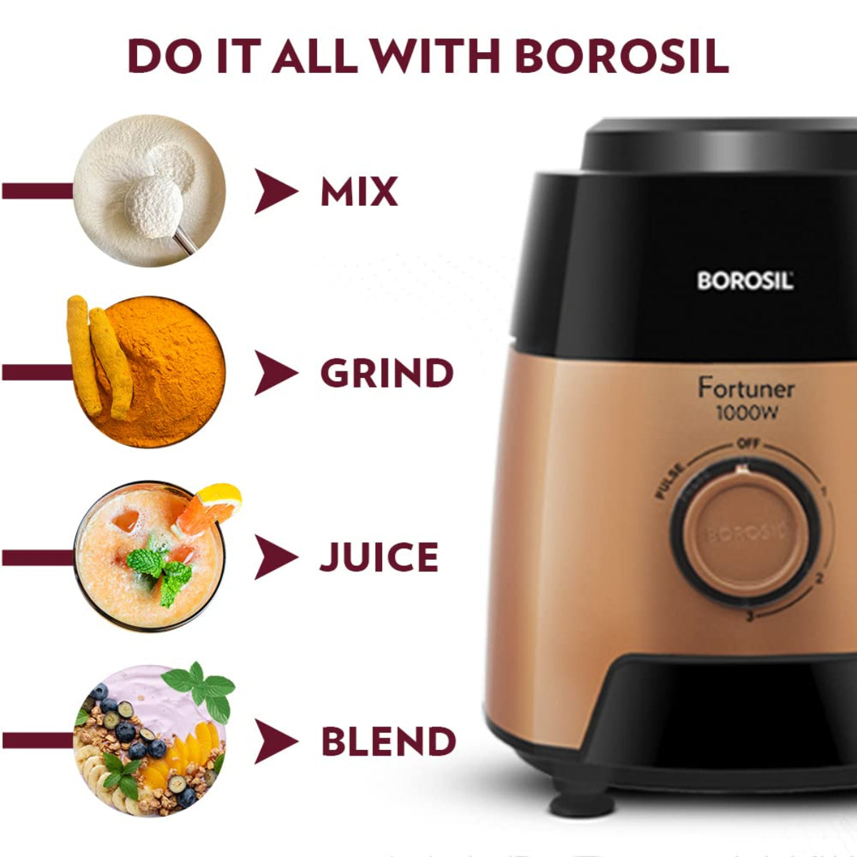 Borosil Fortuner 1000 Watts Mixer Grinder with 4 Jars & Copper Motor - HAMG1000W01