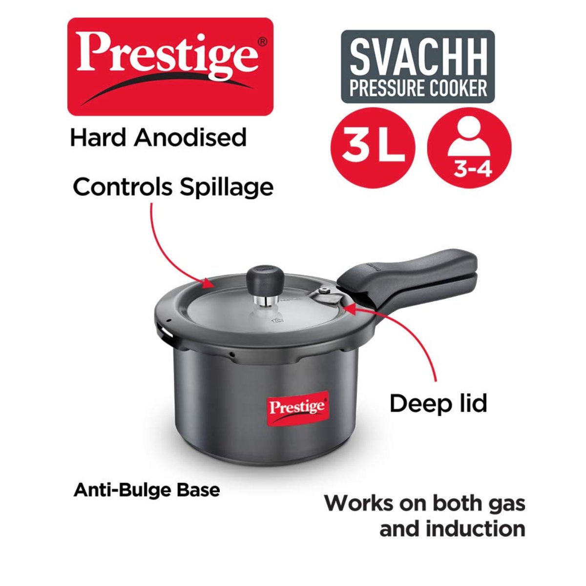Prestige Svachh Hard Anodised 3L Outer Lid, Pressure Cooker, Black - 20223