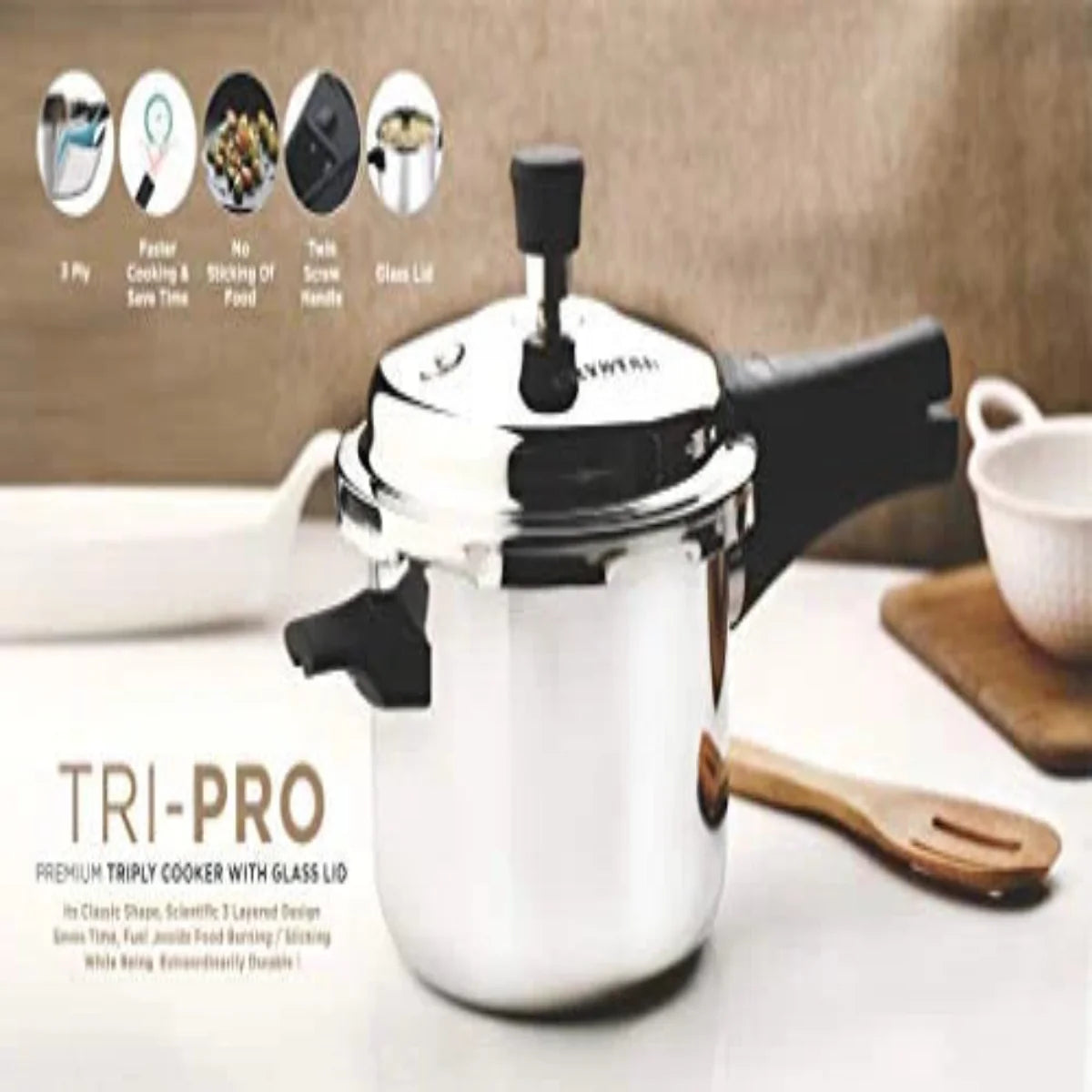 Crystal Tri-Pro Triply SS 5L Pressure Cooker with Additional Glass Lid, Induction - CPC-023