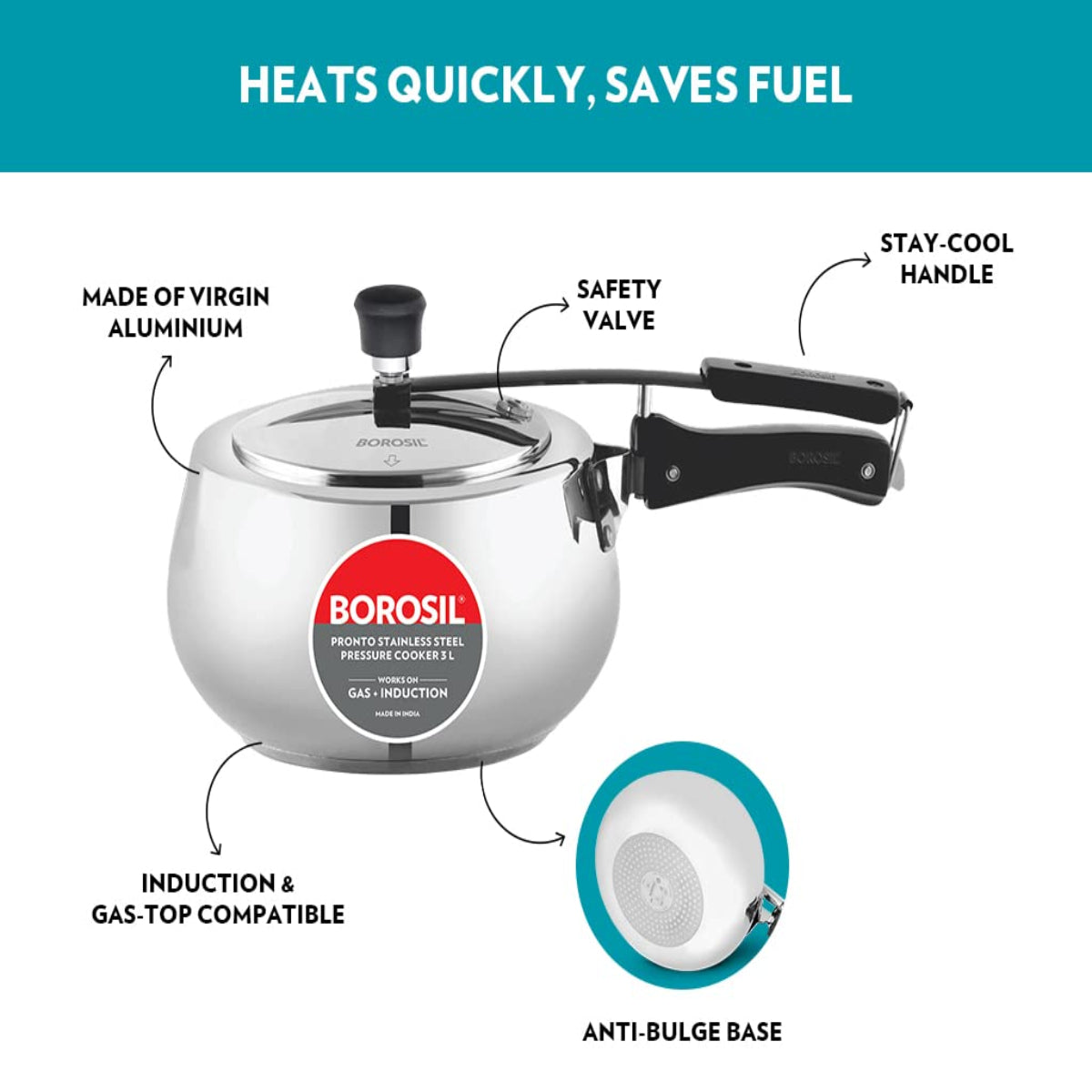 Borosil Pronto Stainless Steel 3 Liter Pressure Cooker, Induction - CFPC3LSH03S